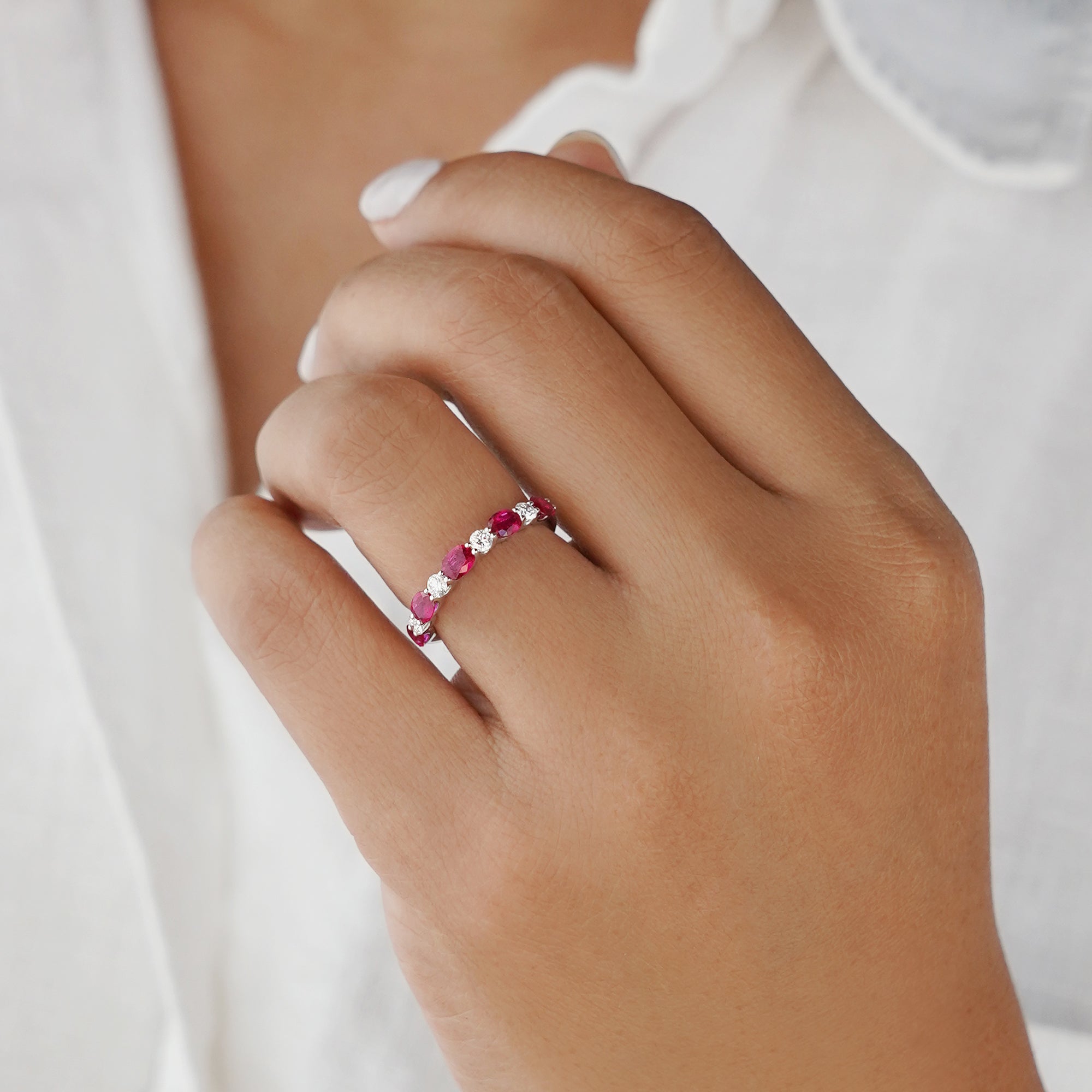 Half Eternity Ruby & Diamond Ring - Solid 18K White Gold | BITS OF BALI JEWELRY