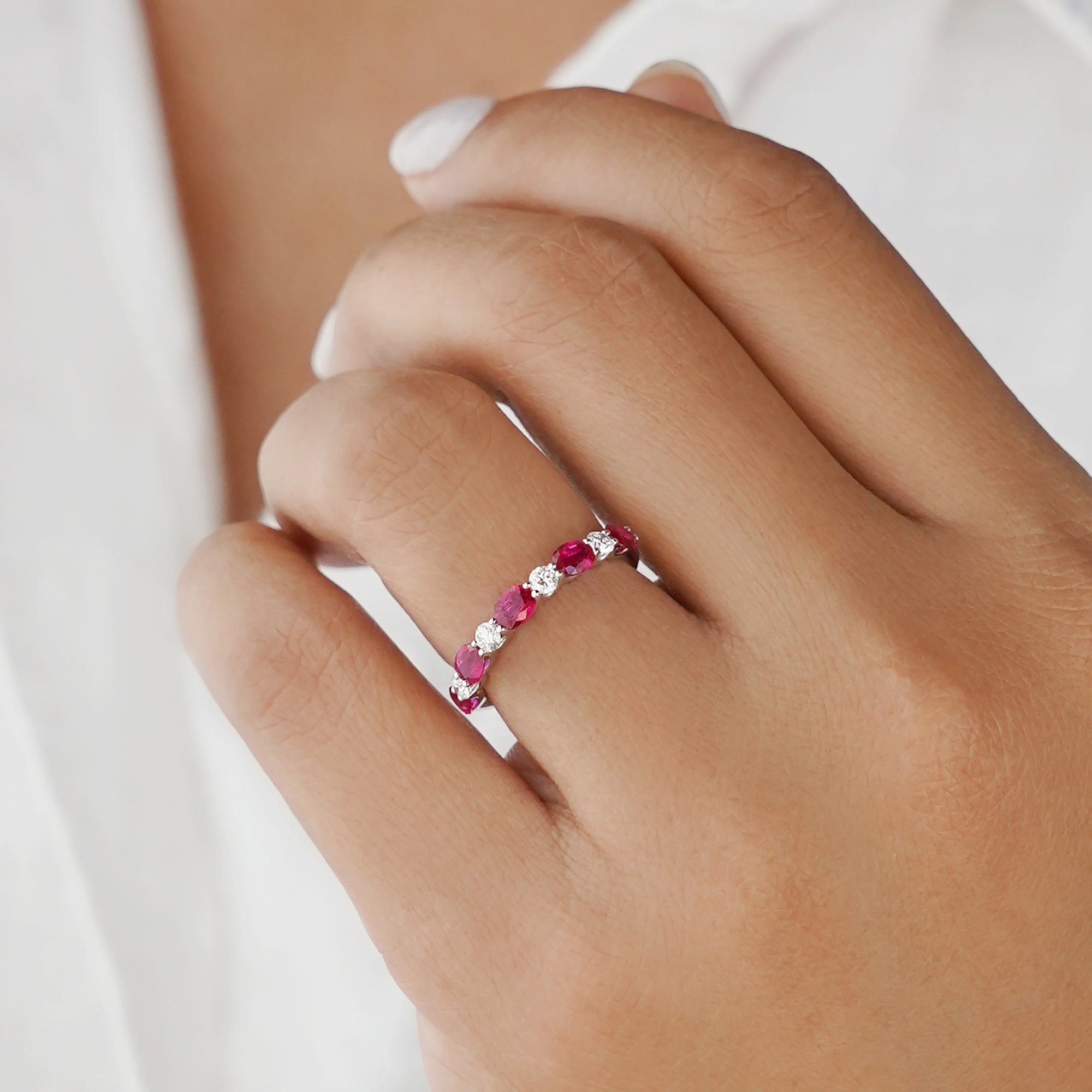 Half Eternity Ruby & Diamond Ring - Solid 18K White Gold | BITS OF BALI JEWELRY
