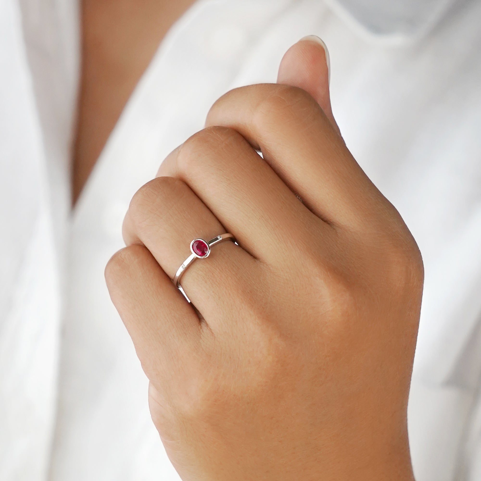 Burmese Ruby & 2 Side Diamond Ring - Solid 18K White Gold | BITS OF BALI JEWELRY