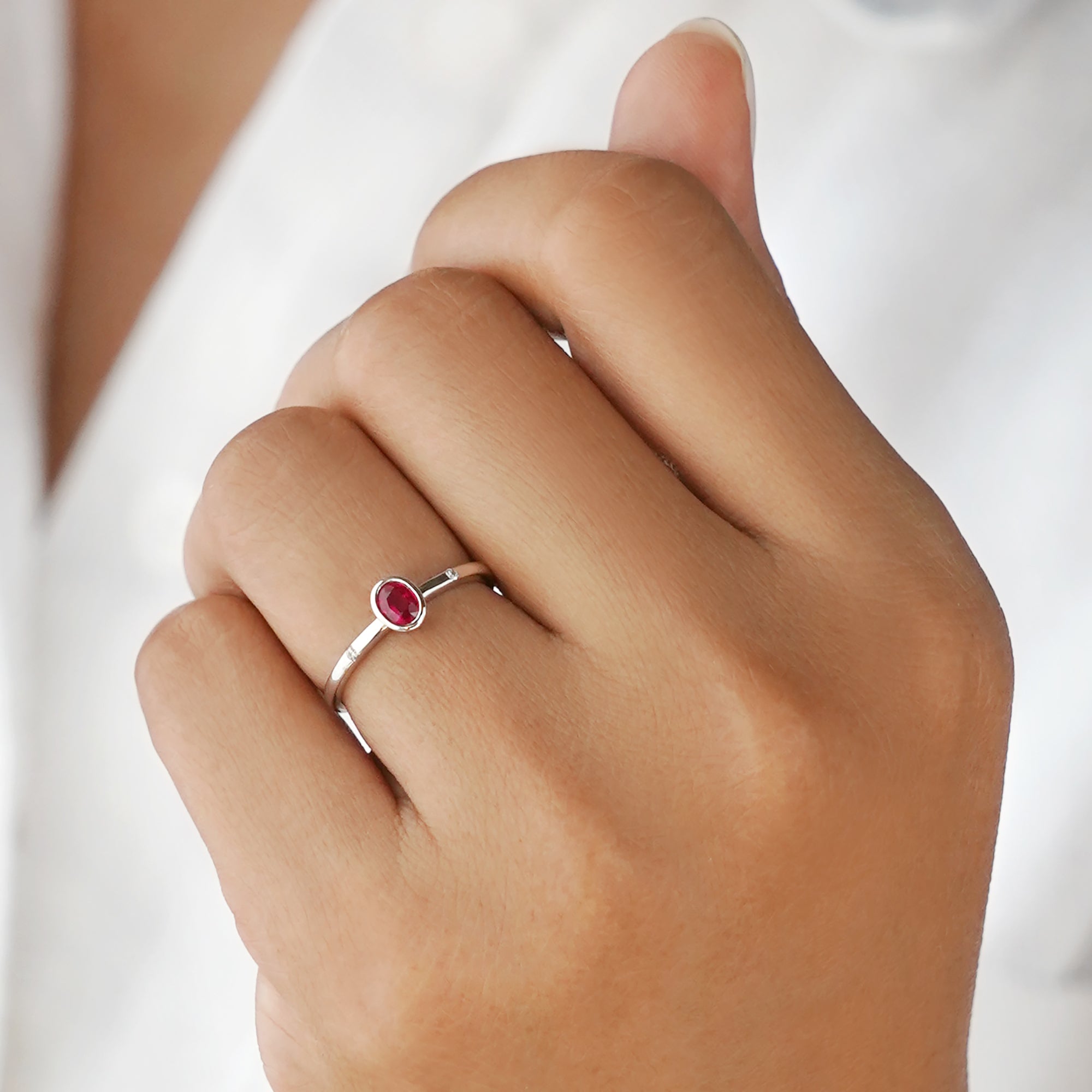 Burmese Ruby & 2 Side Diamond Ring - Solid 18K White Gold | BITS OF BALI JEWELRY