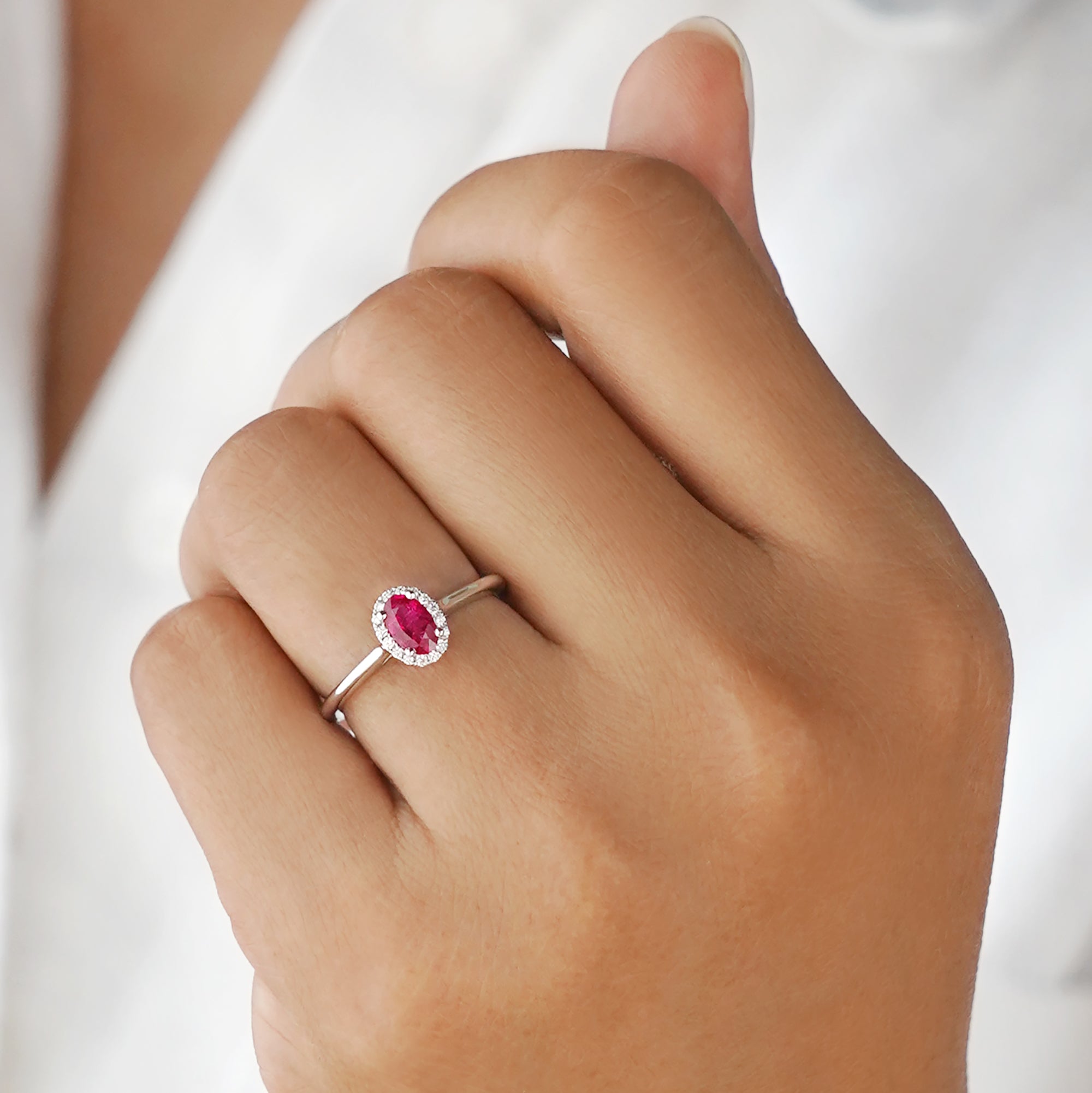 Burmese Ruby With Halo Diamond Ring - Solid 18K White Gold | BITS OF BALI JEWELRY