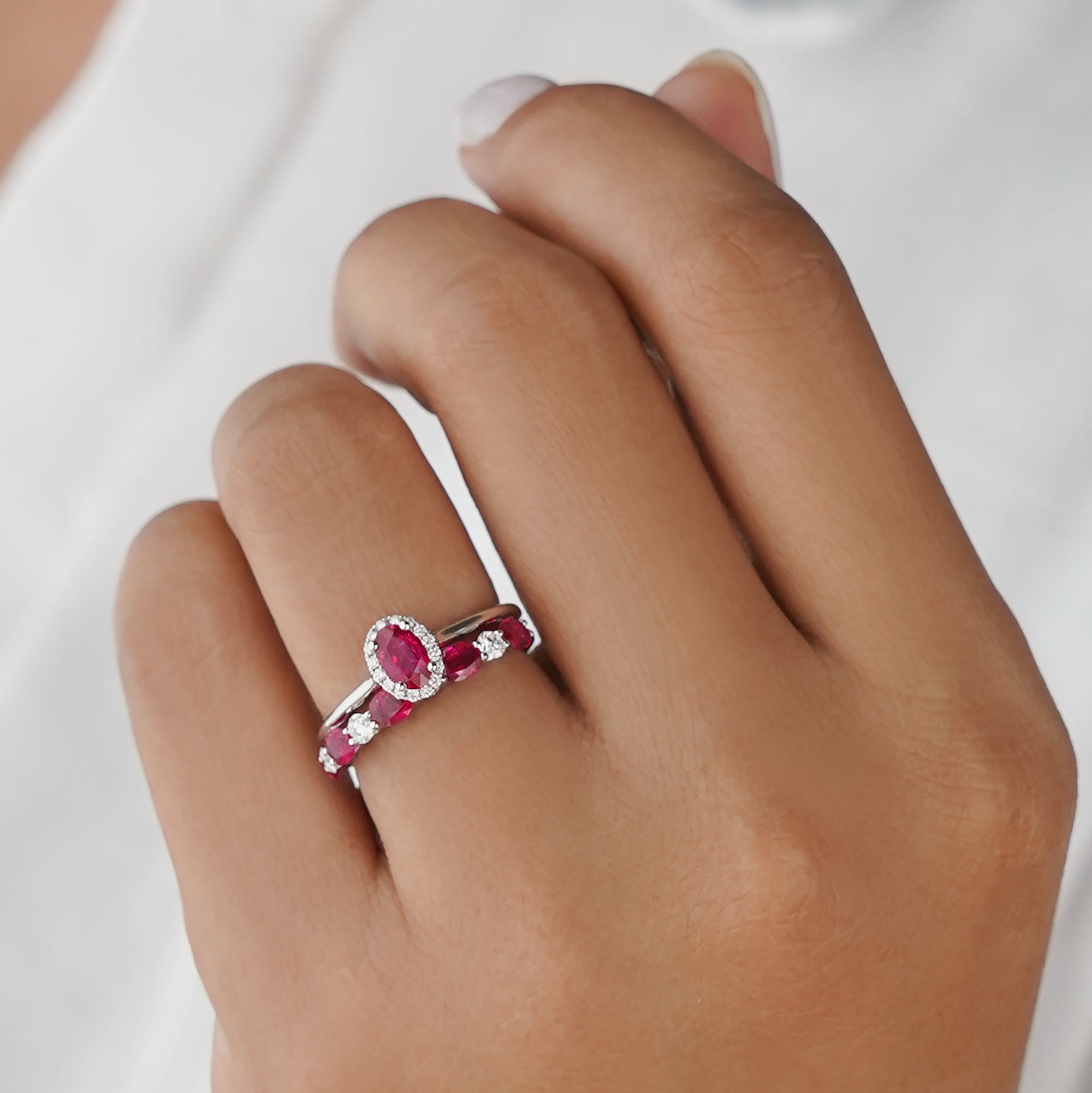 Burmese Ruby With Halo Diamond Ring - Solid 18K White Gold | BITS OF BALI JEWELRY