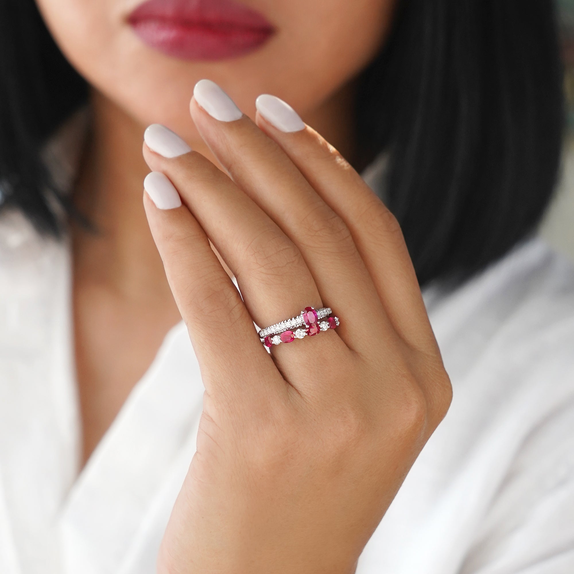 Burmese Ruby With French Pave Shank Diamond Ring - Solid 18K White Gold | BITS OF BALI JEWELRY