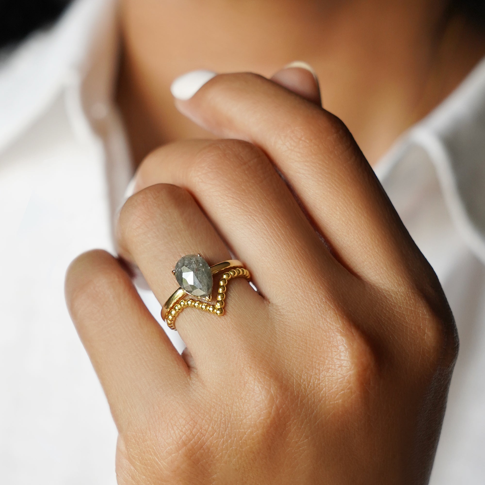 Salt Pepper Diamond Diagonal Large Pear Shaped Ring Solid 18K Yellow  Gold