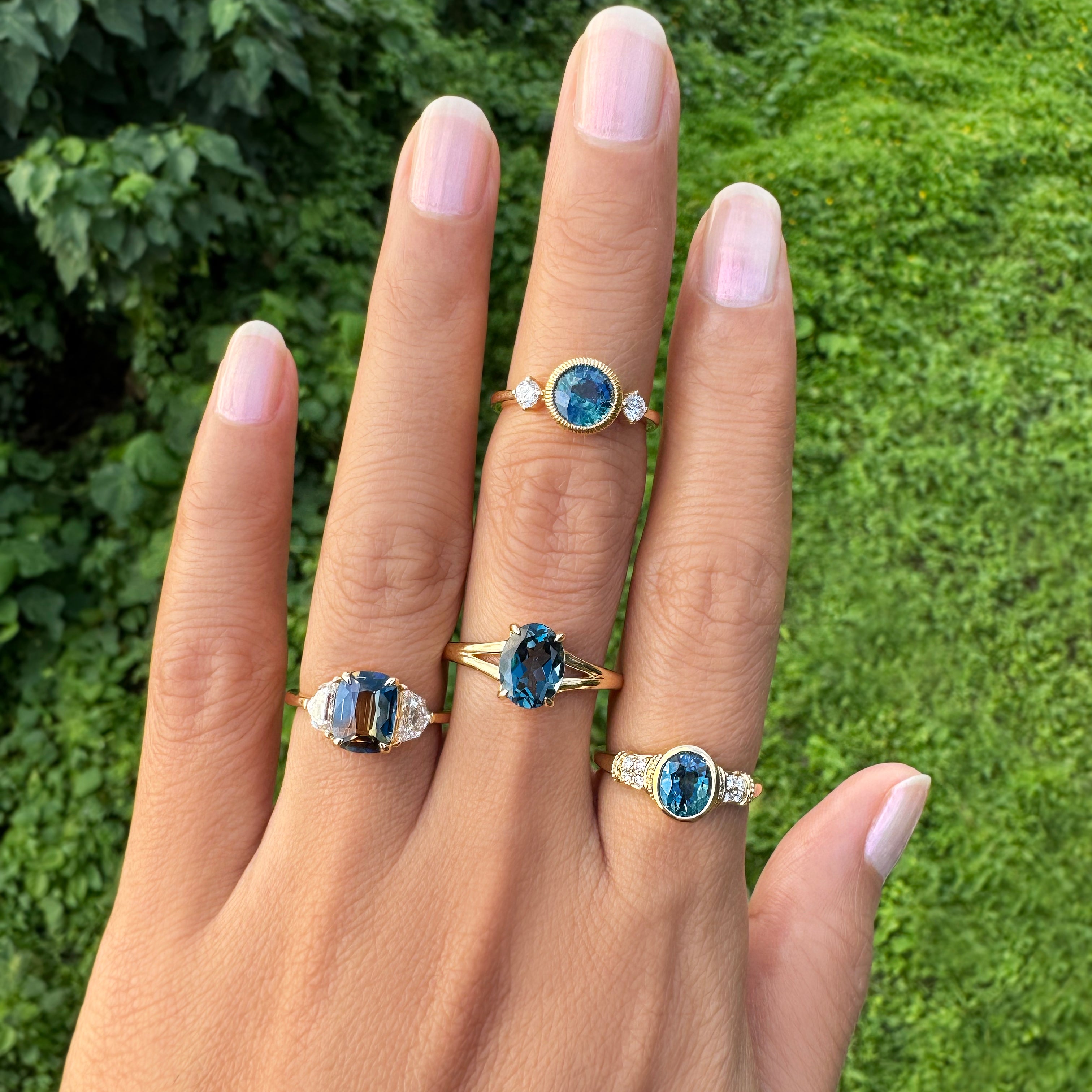 2 Carat Parti Sapphire Elongated Cushion with Cadillac Side Diamonds - Solid 18K Yellow Gold | BITS OF BALI JEWELRY