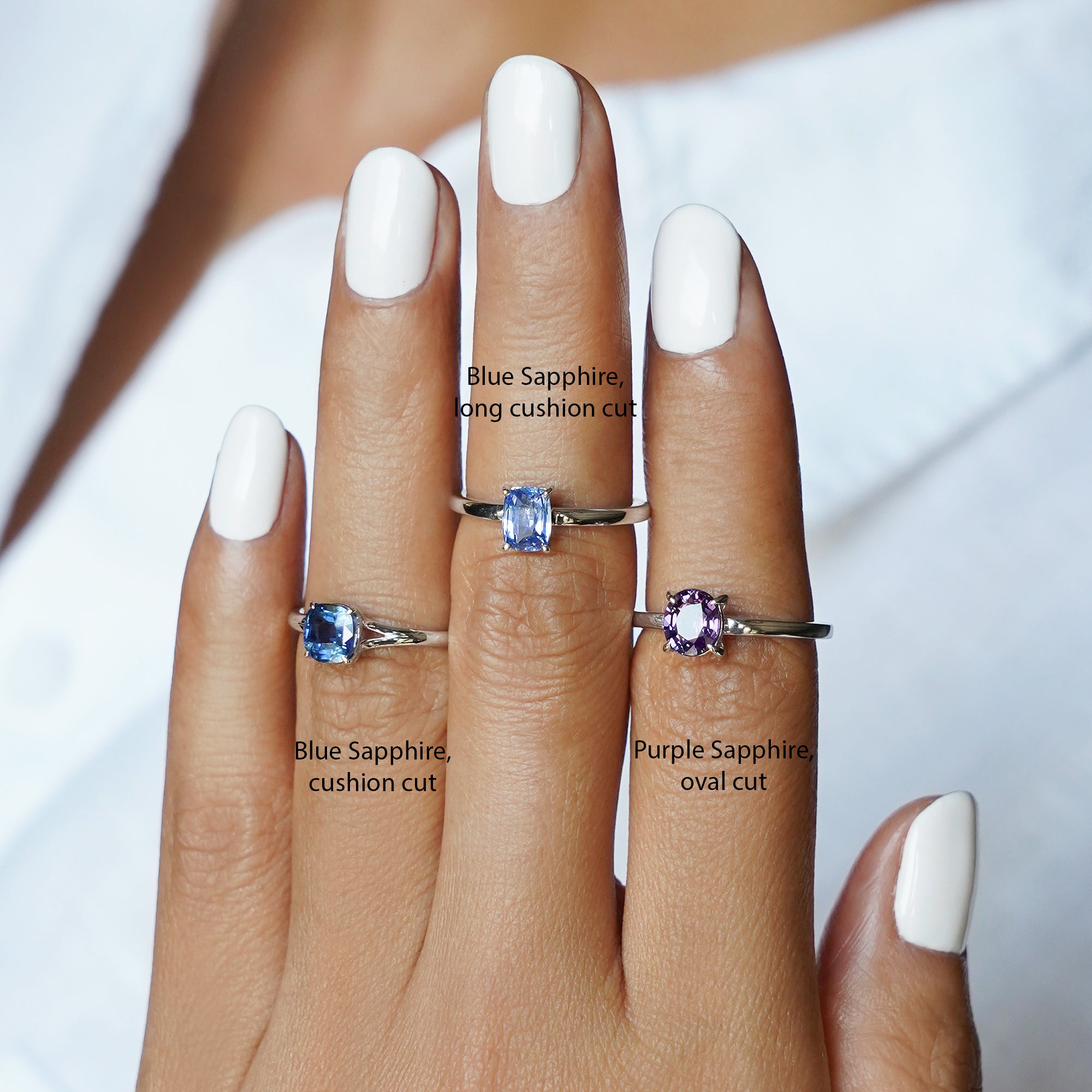 Double Shank Blue Sapphire Ring - Solid 14K White Gold | BITS OF BALI JEWELRY