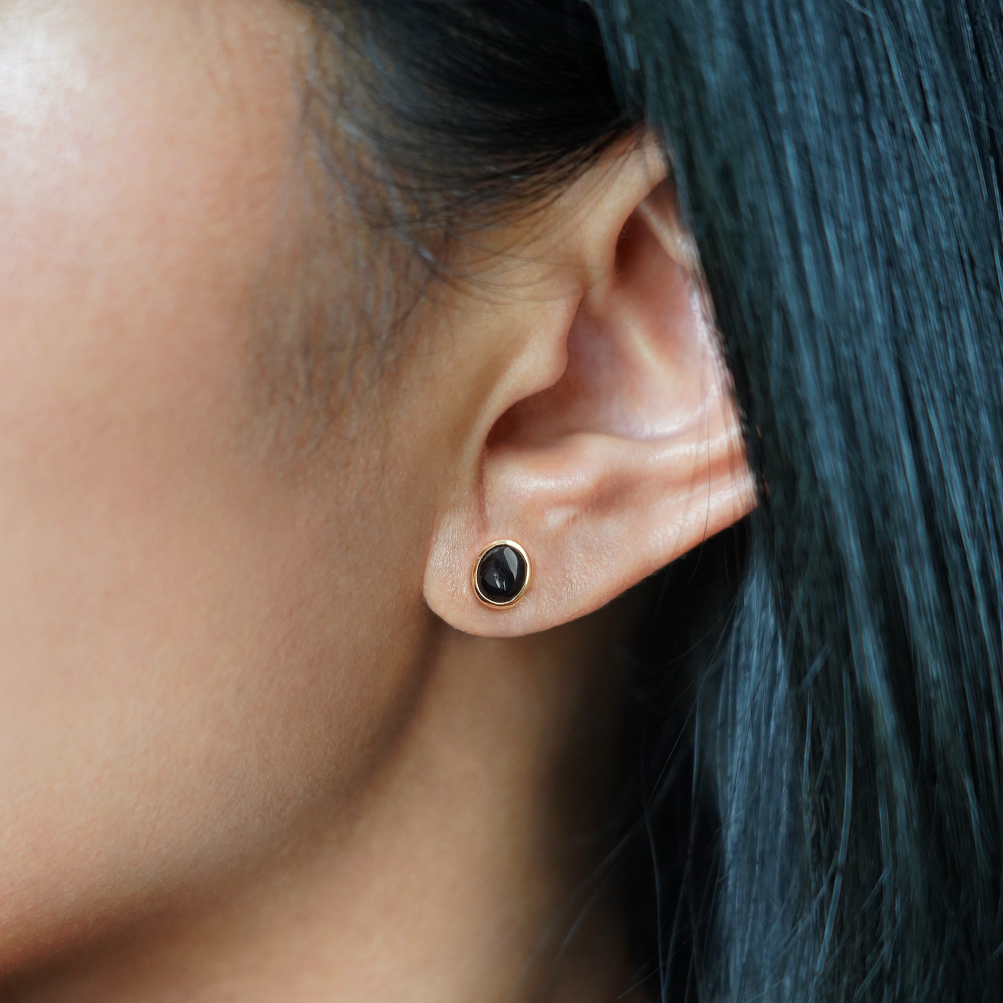 Black Onyx Solo Stud Earrings - Solid 14K Yellow Gold. | BITS OF BALI JEWELRY