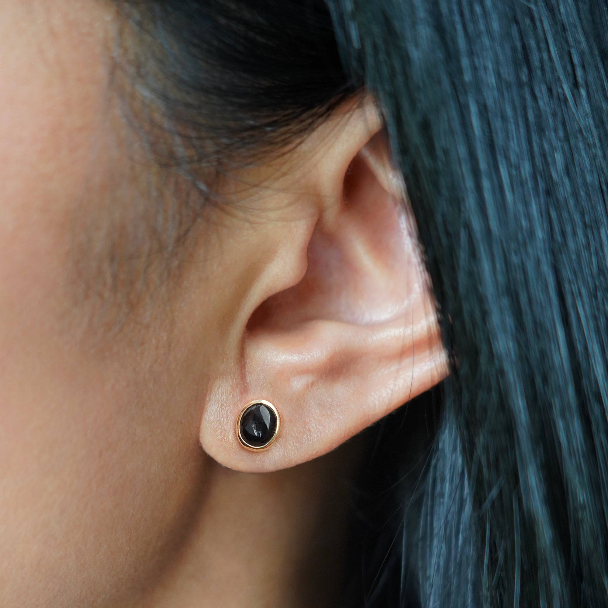 Black Onyx Solo Stud Earrings - Solid 14K Yellow Gold. | BITS OF BALI JEWELRY