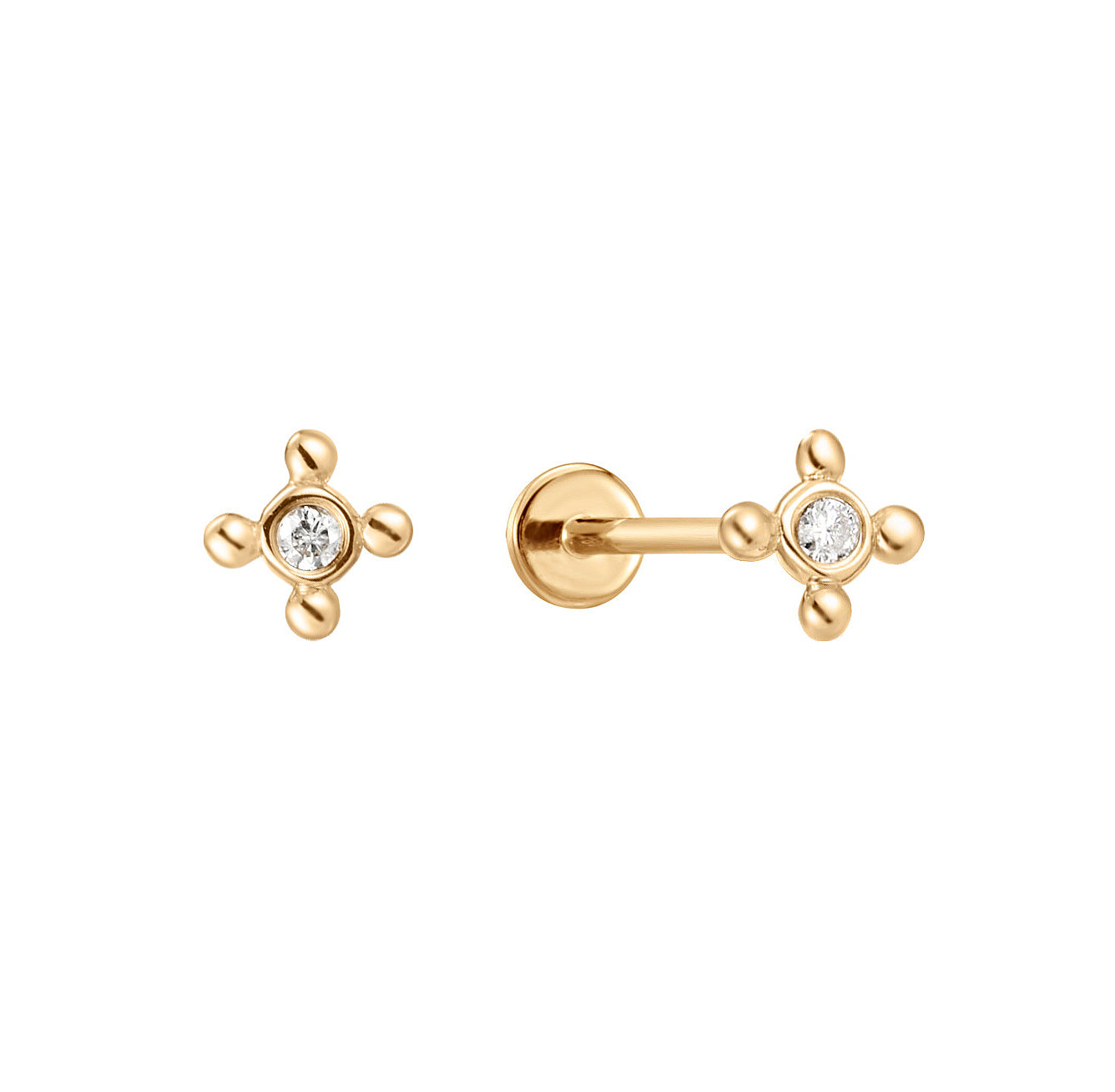 Single Diamond Compass Flat Back Stud Earrings - Solid 14K Yellow Gold | BITS OF BALI JEWELRY