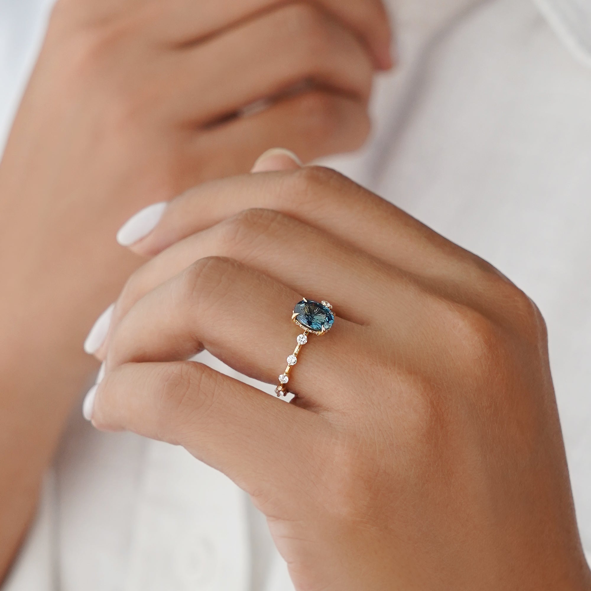 Certified Natural Unheated Teal Sapphire Distance Diamond Ring - Solid 18k Yellow Gold | BITS OF BALI JEWELRY