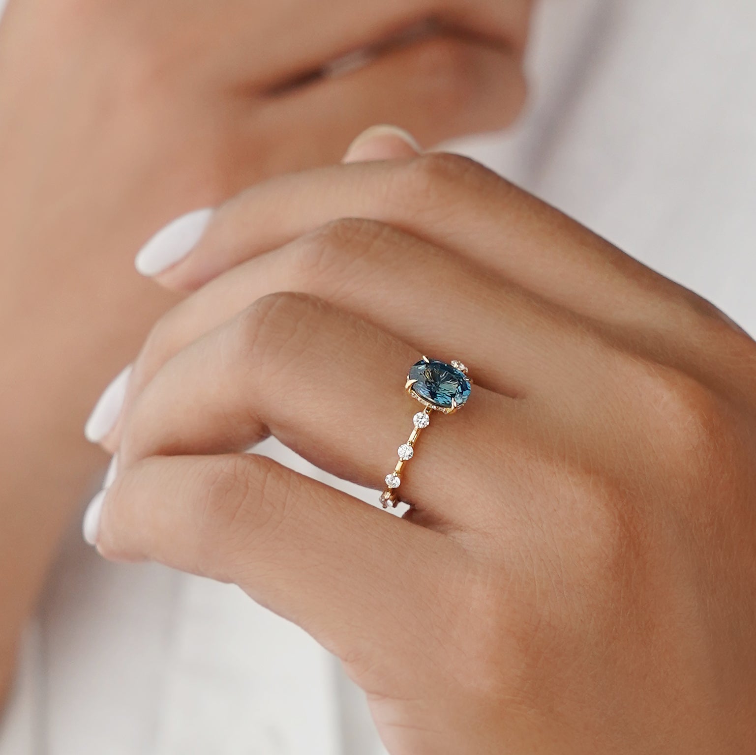 Certified Natural Unheated Teal Sapphire Distance Diamond Ring - Solid 18k Yellow Gold | BITS OF BALI JEWELRY