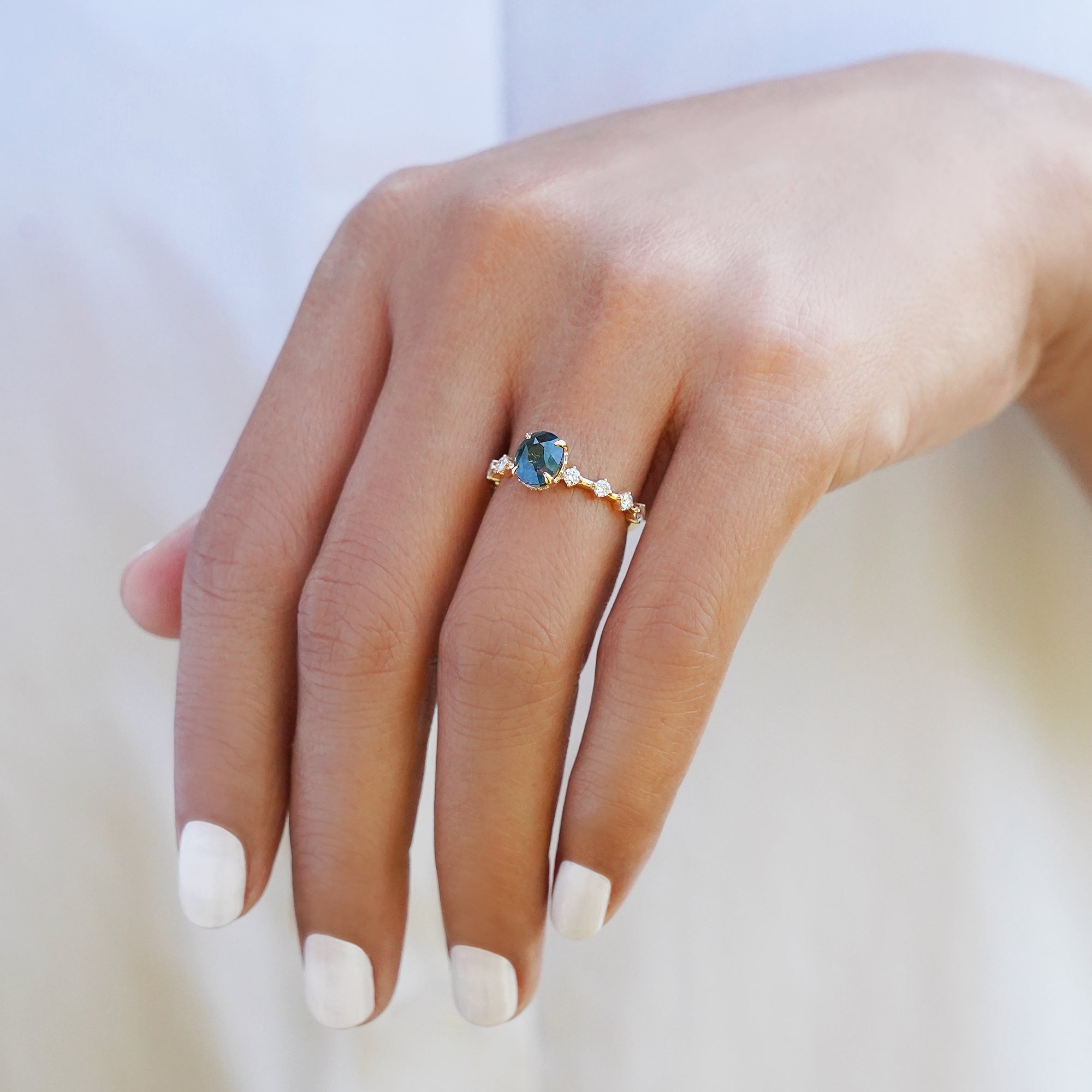 Certified 1.61 Carat Unheated Teal Sapphire Distance Diamond Ring - Solid 14k Yellow Gold | BITS OF BALI JEWELRY
