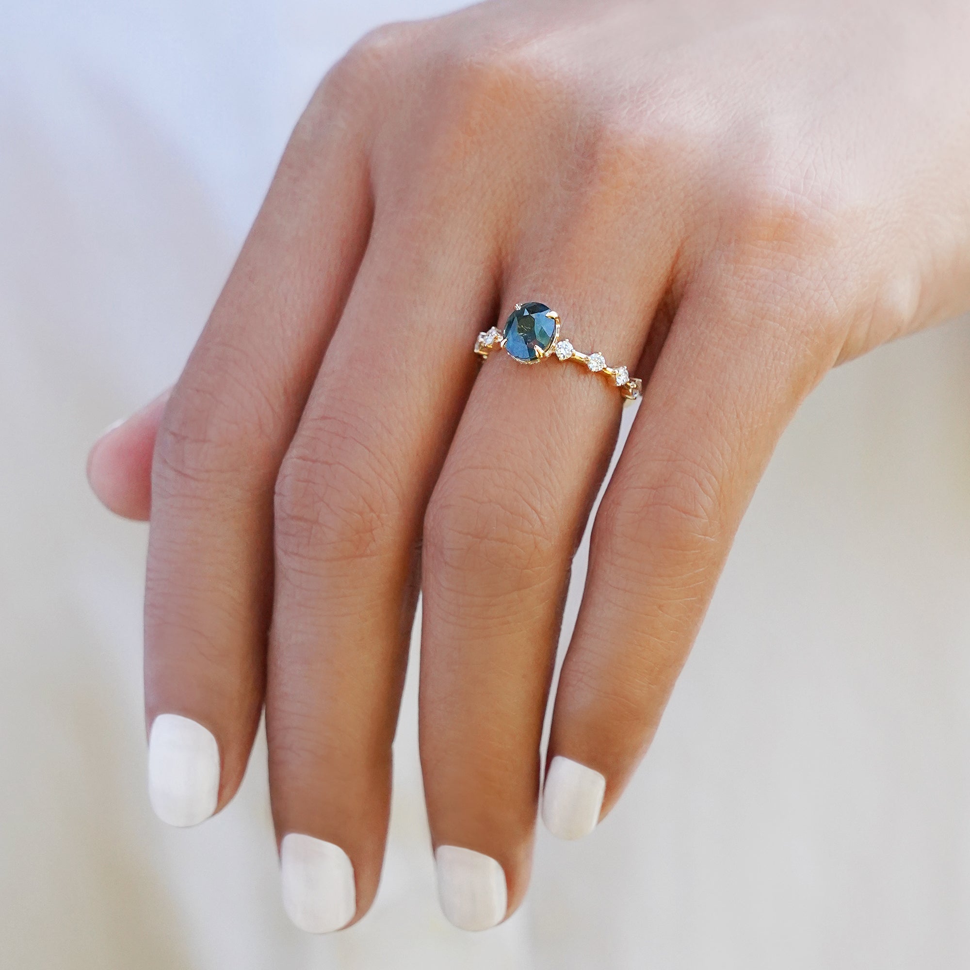 Certified 1.61 Carat Unheated Teal Sapphire Distance Diamond Ring - Solid 14k Yellow Gold