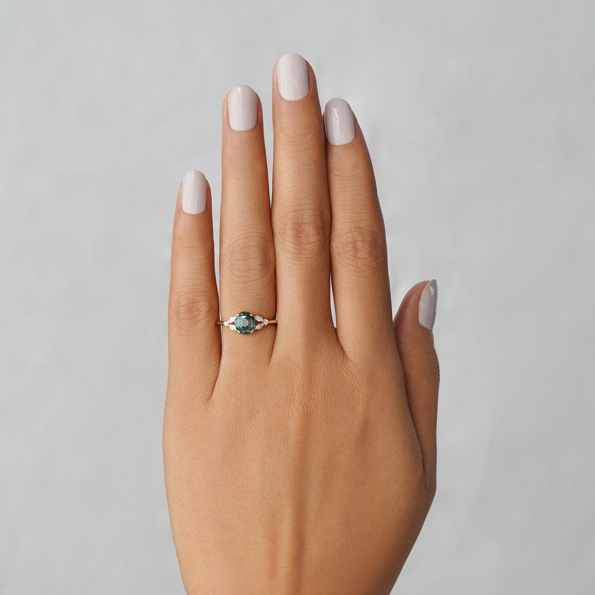 2.05 Ct Oval Teal Sapphire Ring with Marquise & Round Side Natural Diamonds - Solid 14K Yellow Gold | BITS OF BALI JEWELRY