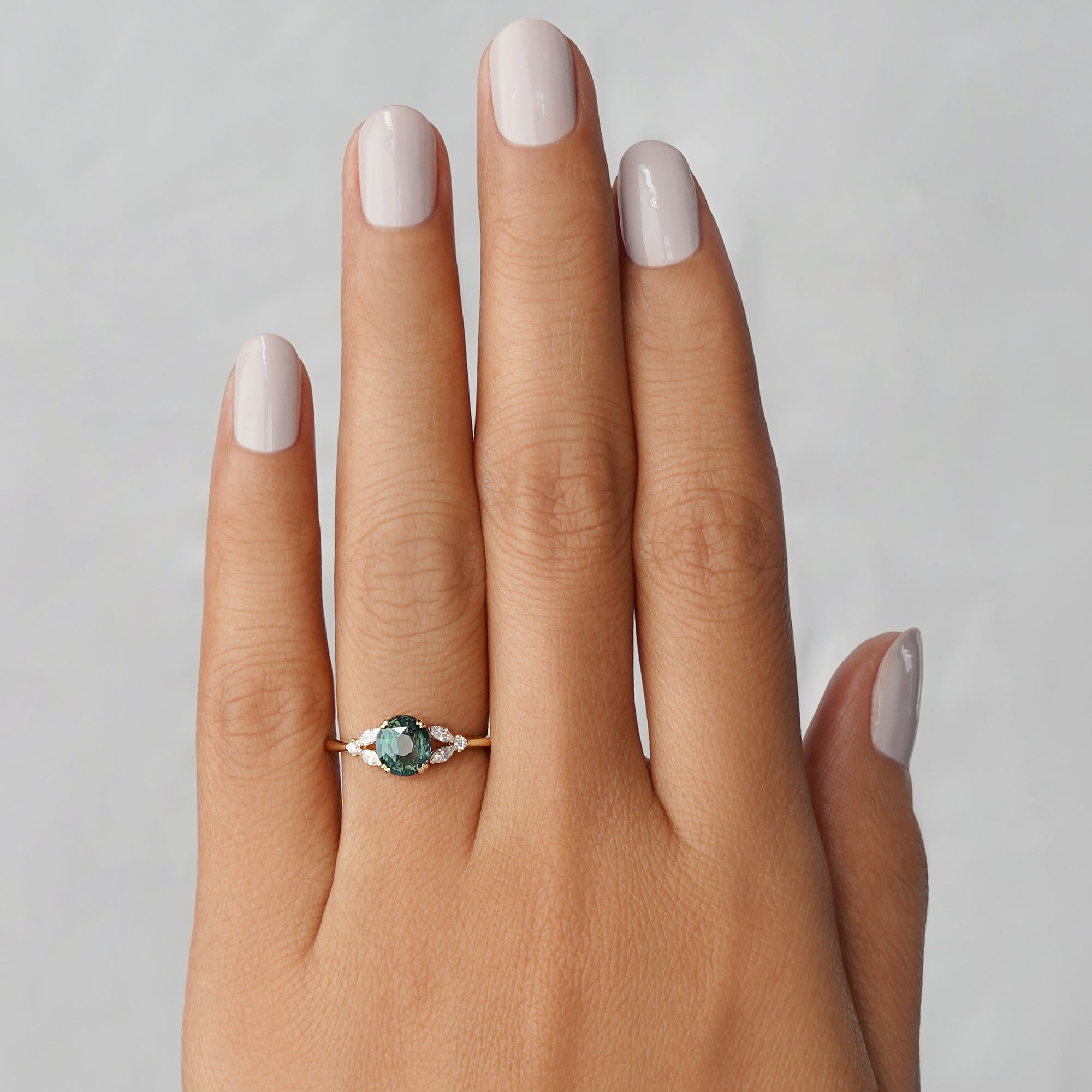 2.05 Ct Oval Teal Sapphire Ring with Marquise & Round Side Natural Diamonds - Solid 14K Yellow Gold