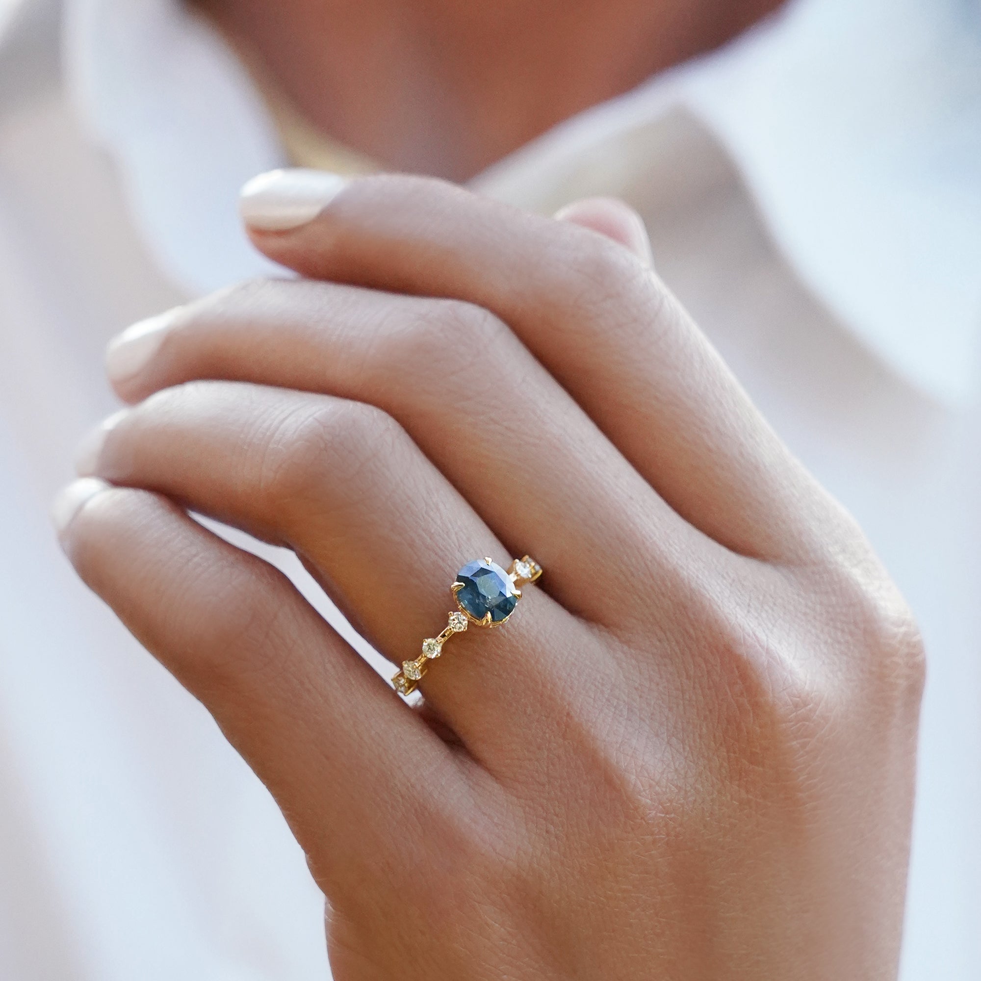 Certified 1.61 Carat Unheated Teal - Green Sapphire Distance Diamond Ring - Solid 18k Yellow Gold