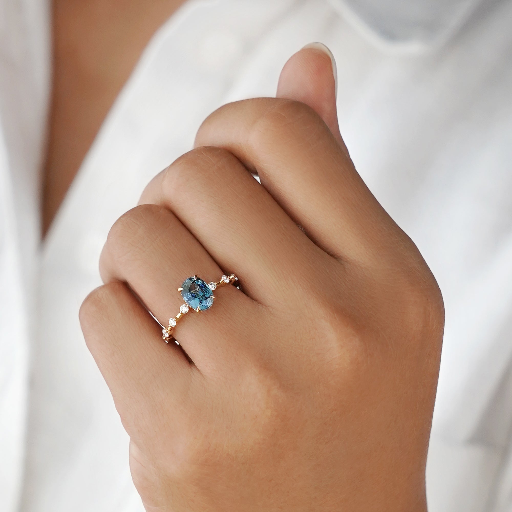 Certified Natural Unheated Teal Sapphire Distance Diamond Ring - Solid 18k Yellow Gold | BITS OF BALI JEWELRY