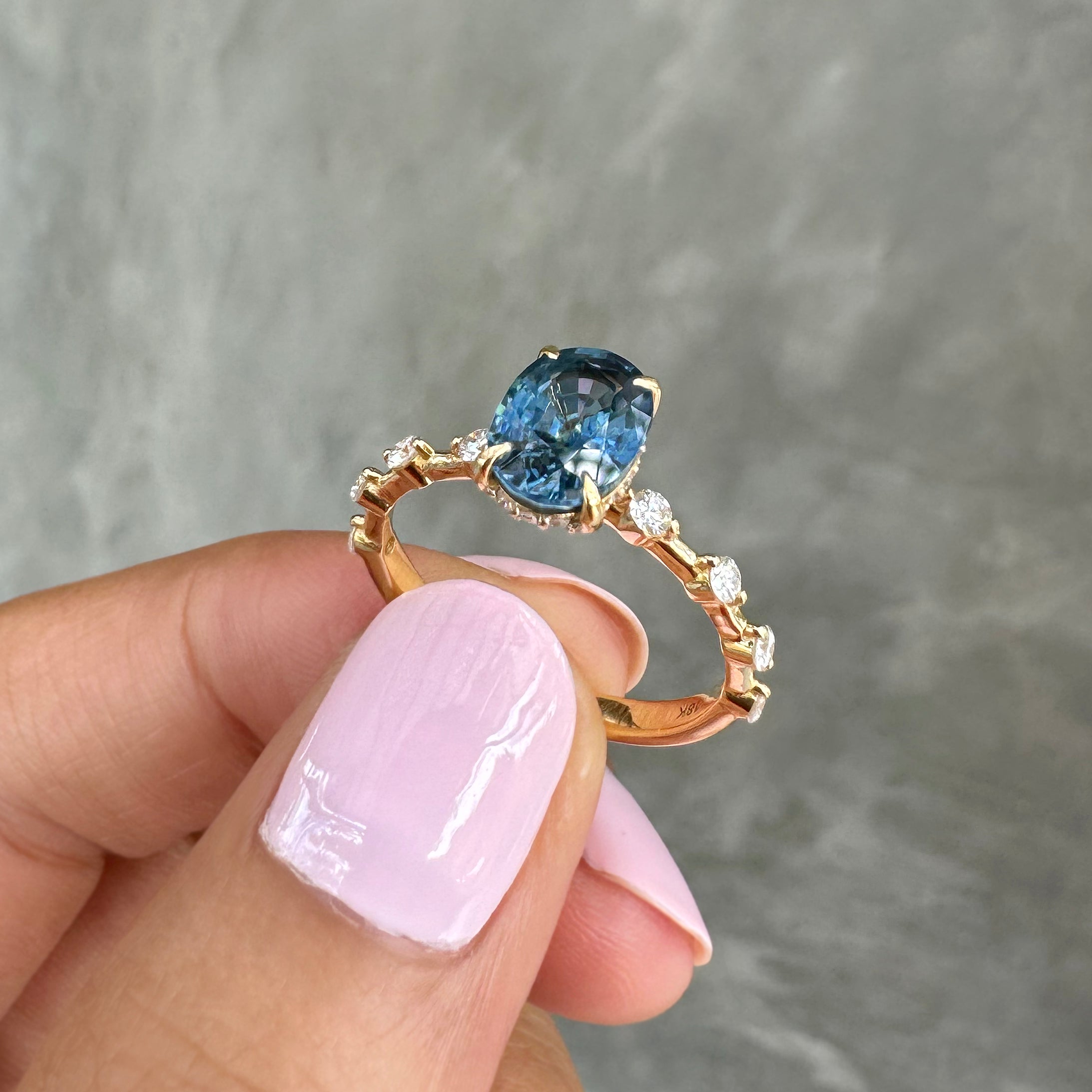 Certified Natural Unheated Teal Sapphire Distance Diamond Ring - Solid 18k Yellow Gold | BITS OF BALI JEWELRY