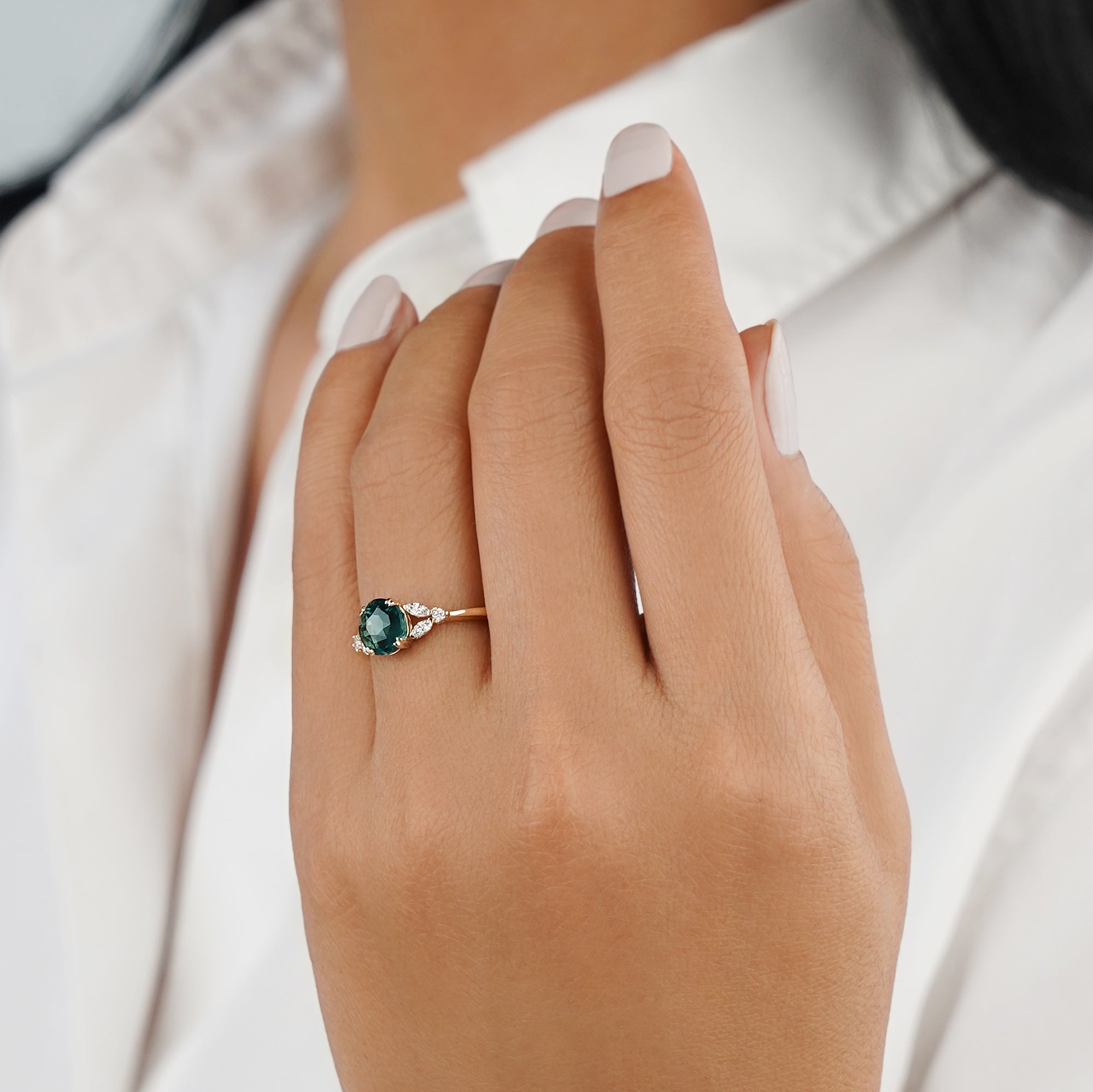 2.05 Ct Oval Teal Sapphire Ring with Marquise & Round Side Natural Diamonds - Solid 14K Yellow Gold