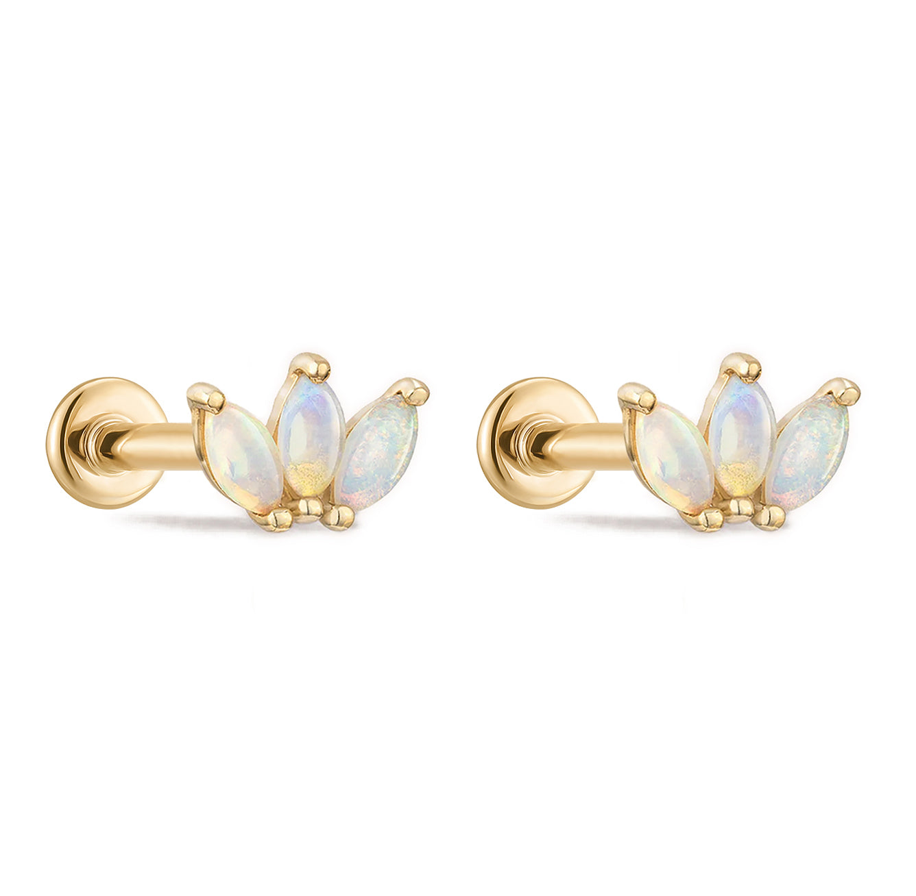 Trio Marquise Opal Gold Flat Back Stud Earrings - Solid 14K Yellow Gold | BITS OF BALI JEWELRY