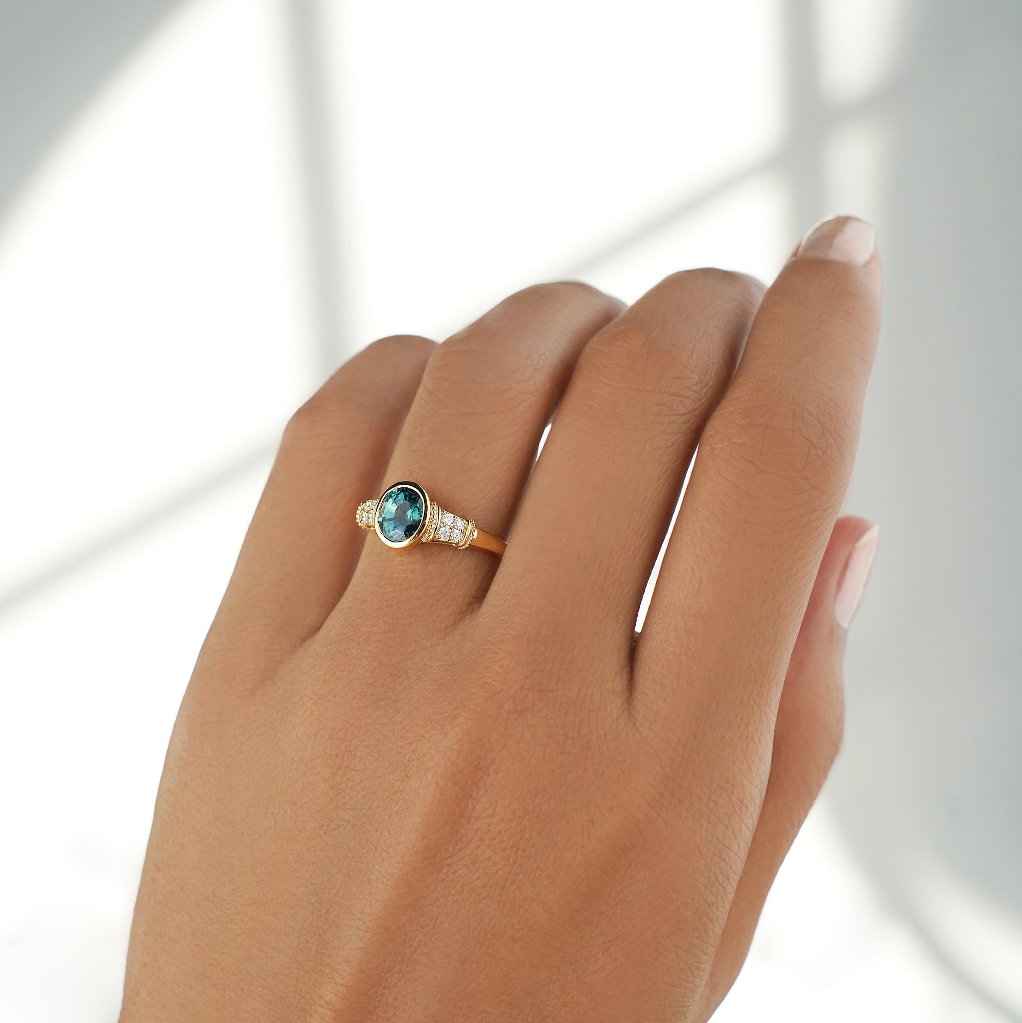 Vintage-inspired Oval Teal Sapphire & Diamond Ring - Solid 18K Yellow Gold | BITS OF BALI JEWELRY