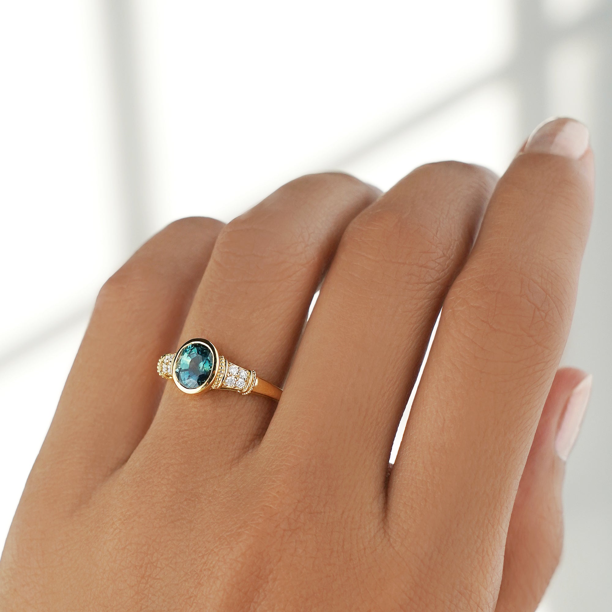 Vintage-inspired Oval Teal Sapphire & Diamond Ring - Solid 18K Yellow Gold | BITS OF BALI JEWELRY