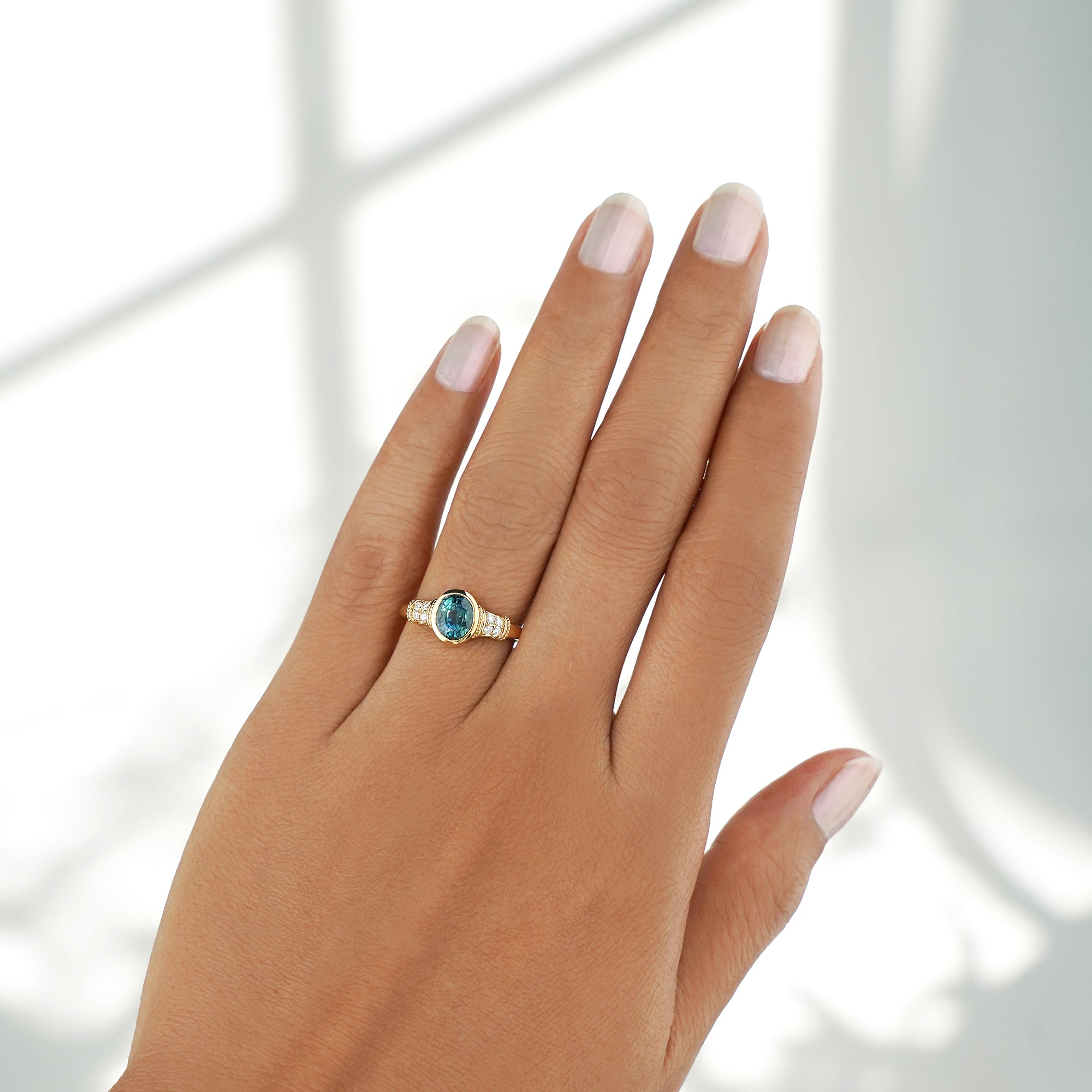 Vintage-inspired Oval Teal Sapphire & Diamond Ring - Solid 18K Yellow Gold | BITS OF BALI JEWELRY