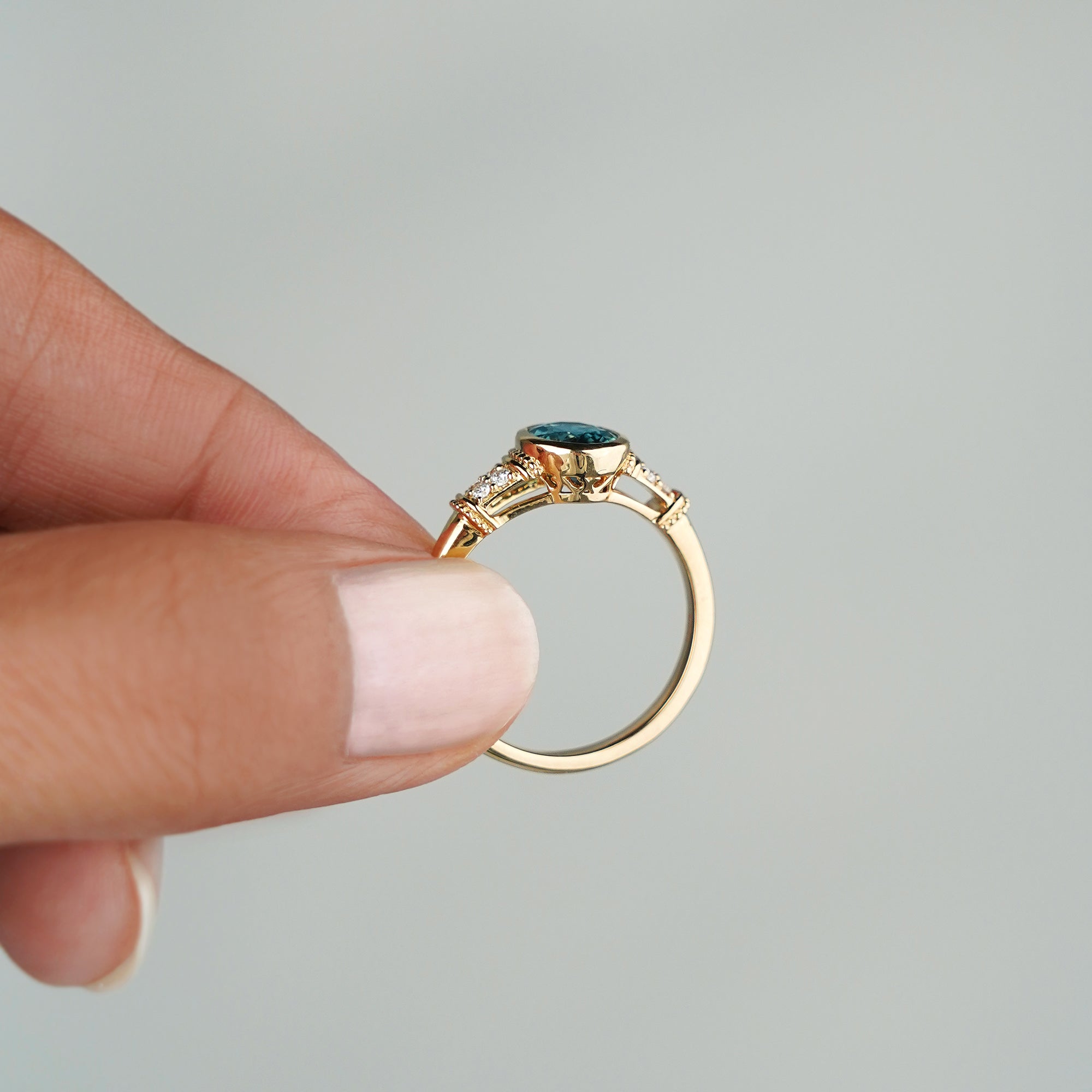Vintage-inspired Oval Teal Sapphire & Diamond Ring - Solid 18K Yellow Gold | BITS OF BALI JEWELRY