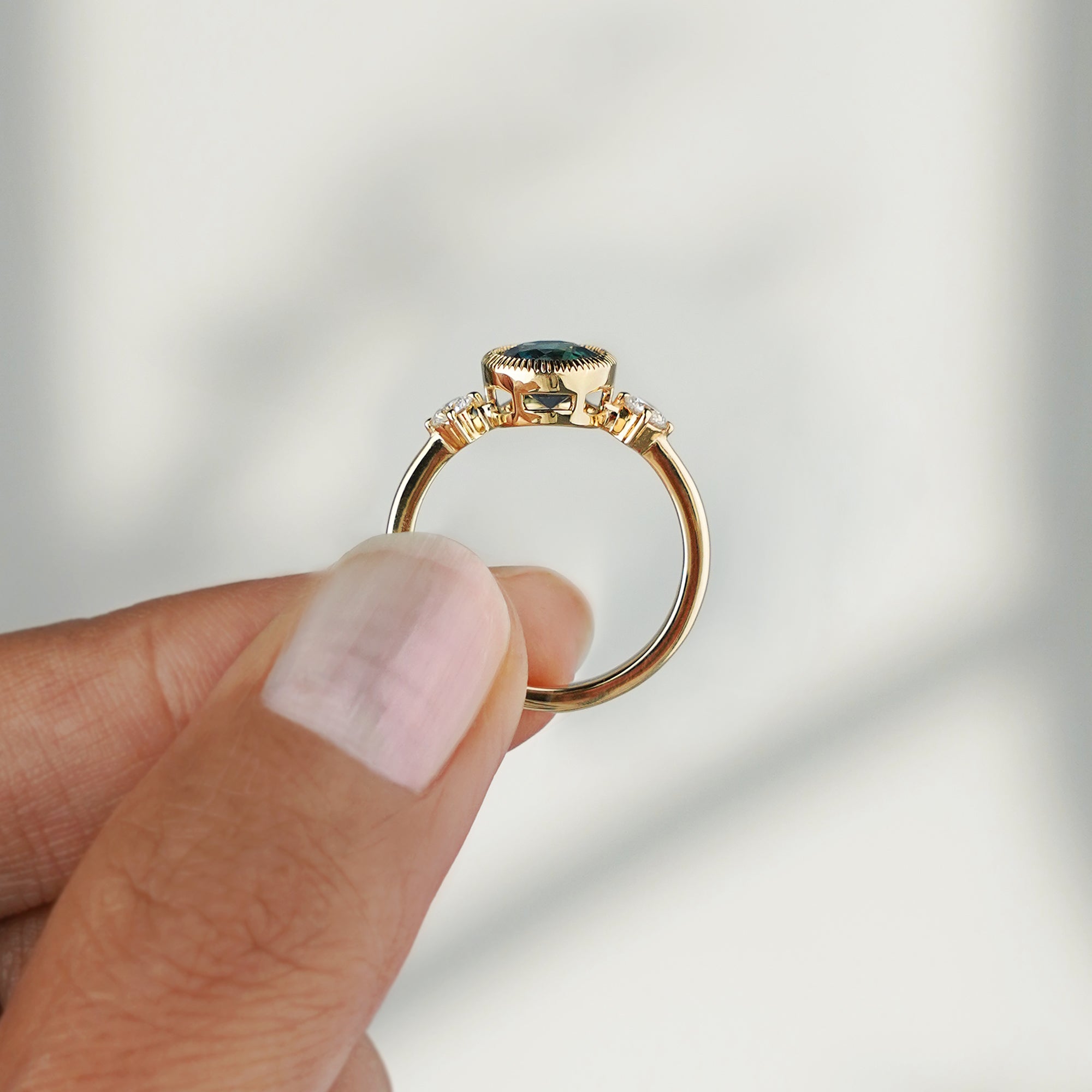 Vintage-designed Round Teal Sapphire with 2 Side Diamond Ring - Solid 18K Yellow Gold | BITS OF BALI JEWELRY