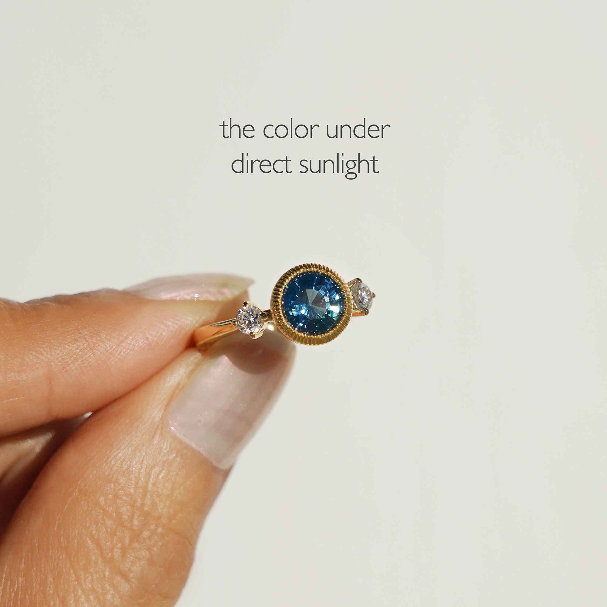 Vintage-designed Round Teal Sapphire with 2 Side Diamond Ring - Solid 18K Yellow Gold | BITS OF BALI JEWELRY