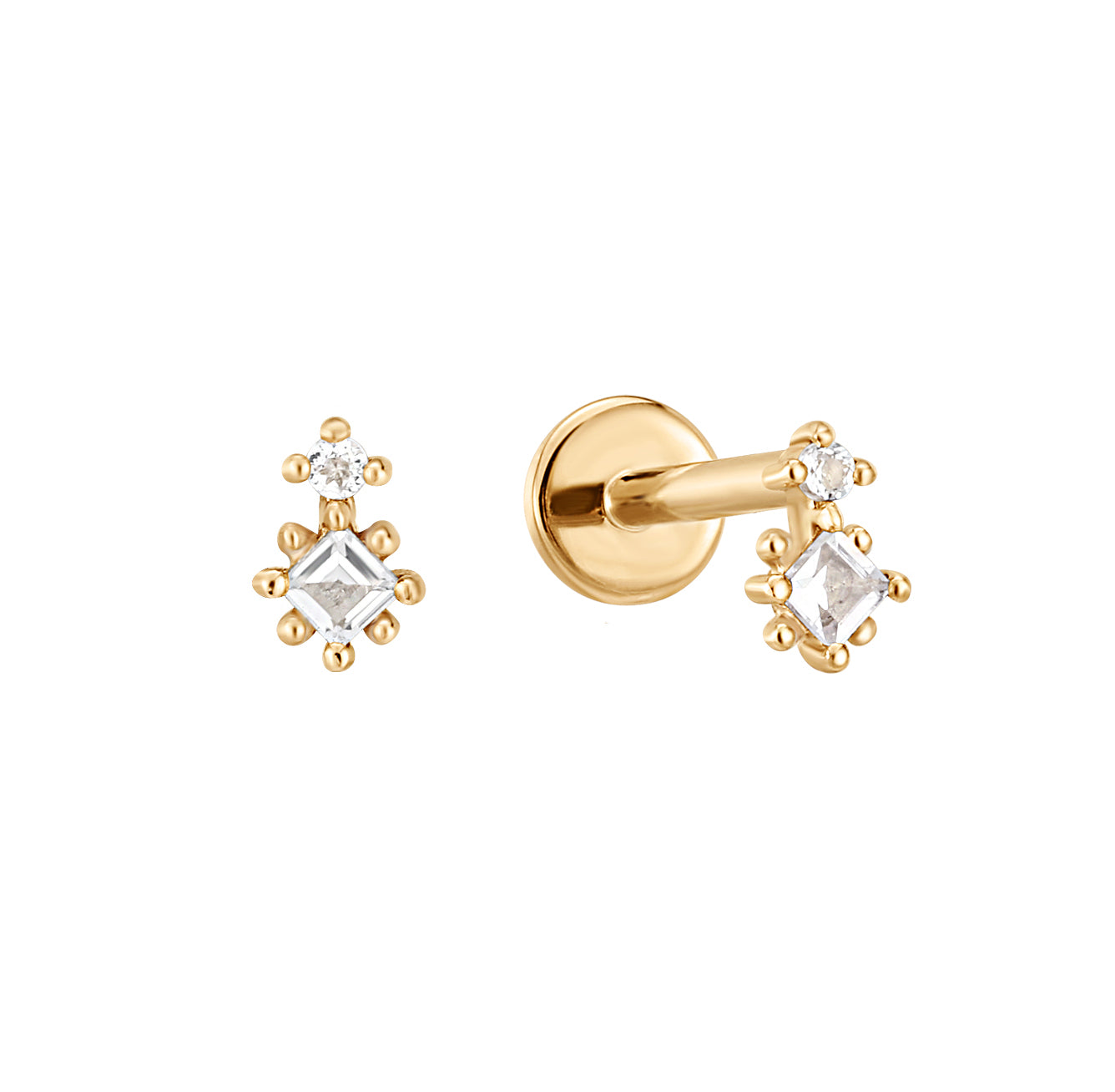 White Topaz Square and Round Flat Back Stud Earring - Solid 14K Yellow Gold | BITS OF BALI JEWELRY
