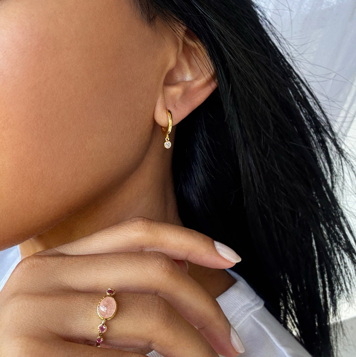 Mini Huggies Earrings With White CZ Bezel Charm - Gold Vermeil