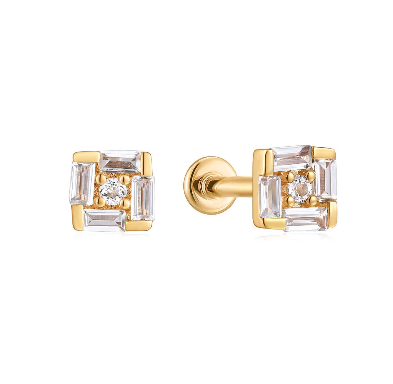 White Topaz Square Illusion Flat Back Stud Earrings - Solid 14K Yellow Gold | BITS OF BALI JEWELRY
