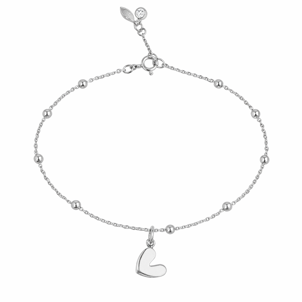 Heart Ball Chain Anklet - Sterling Silver
