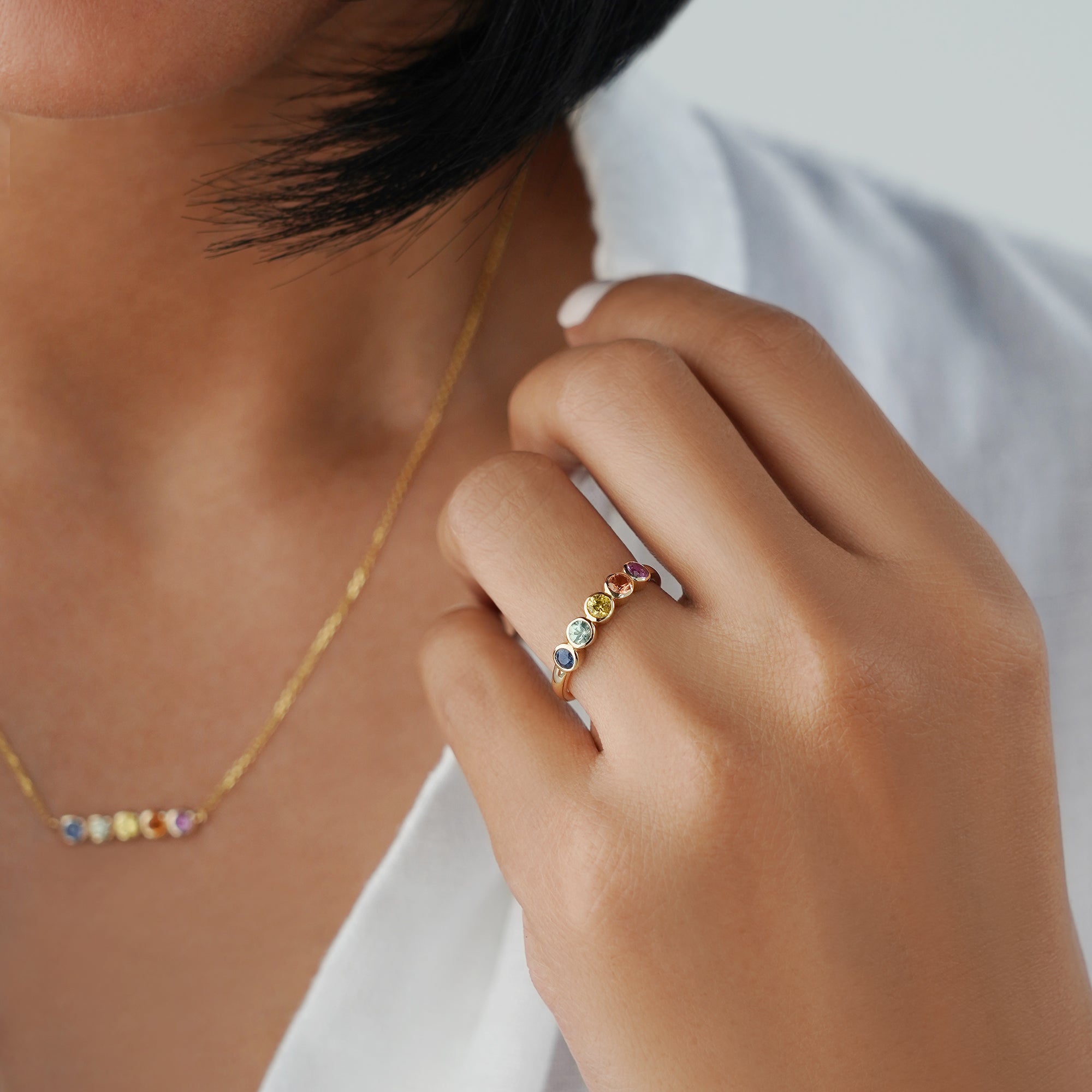 Rainbow Sapphires Bezel Ring - Solid 14K Yellow Gold | BITS OF BALI JEWELRY