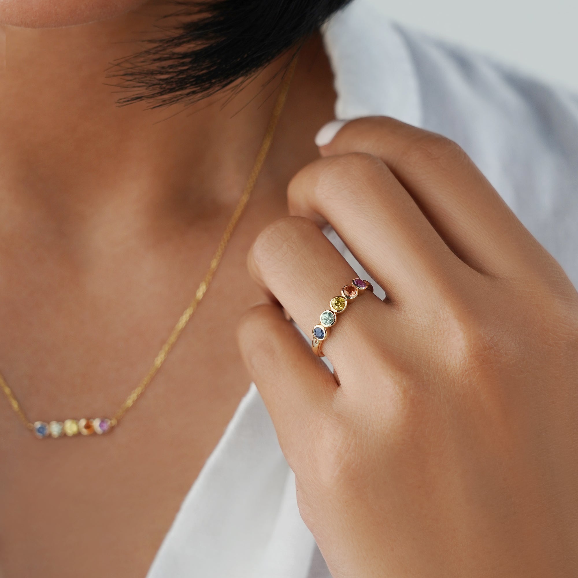 Rainbow Sapphires Bezel Ring - Solid 14K Yellow Gold | BITS OF BALI JEWELRY