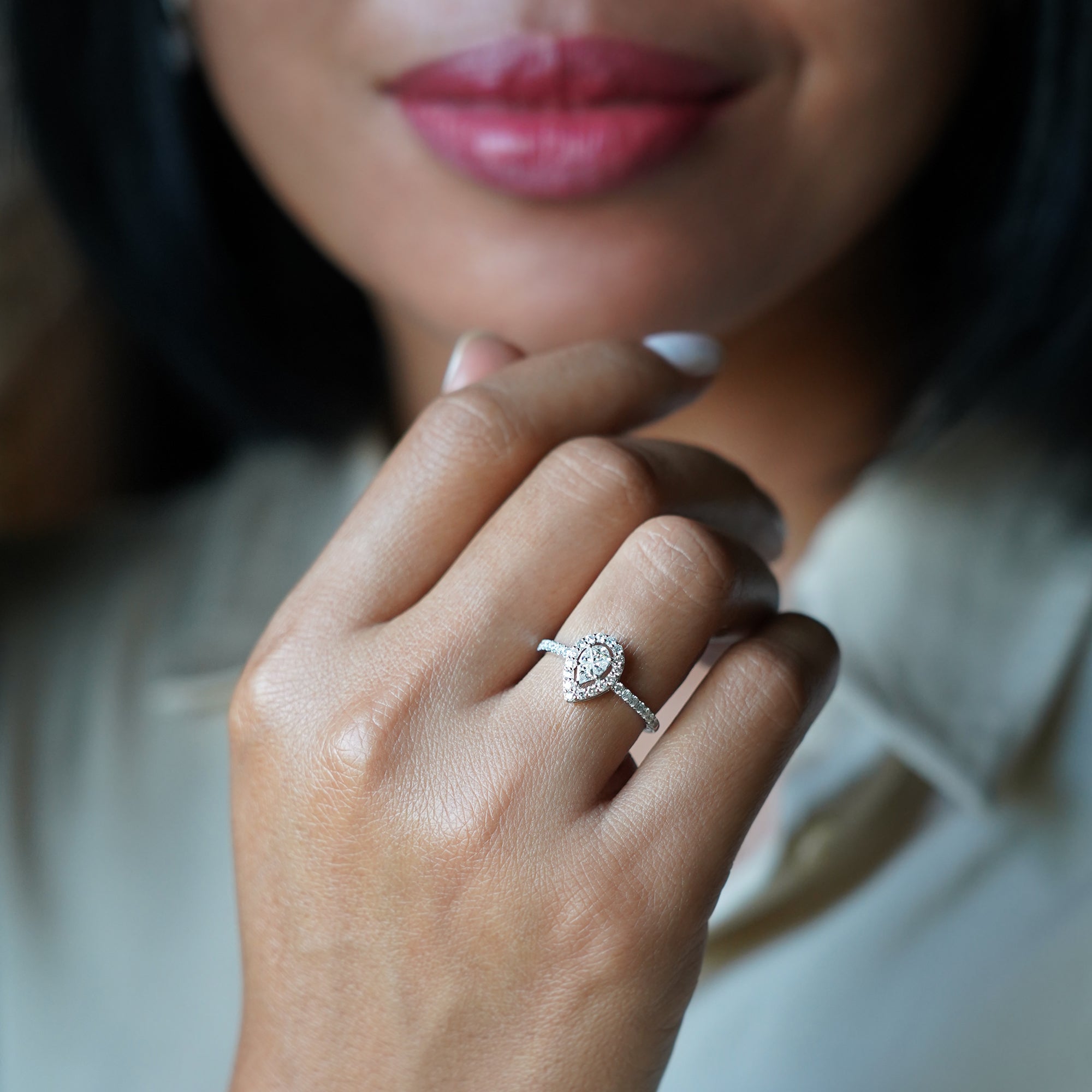 Pear Shaped Diamond With Halo Ring 28 - Solid 18K White Gold | BITS OF BALI JEWELRY