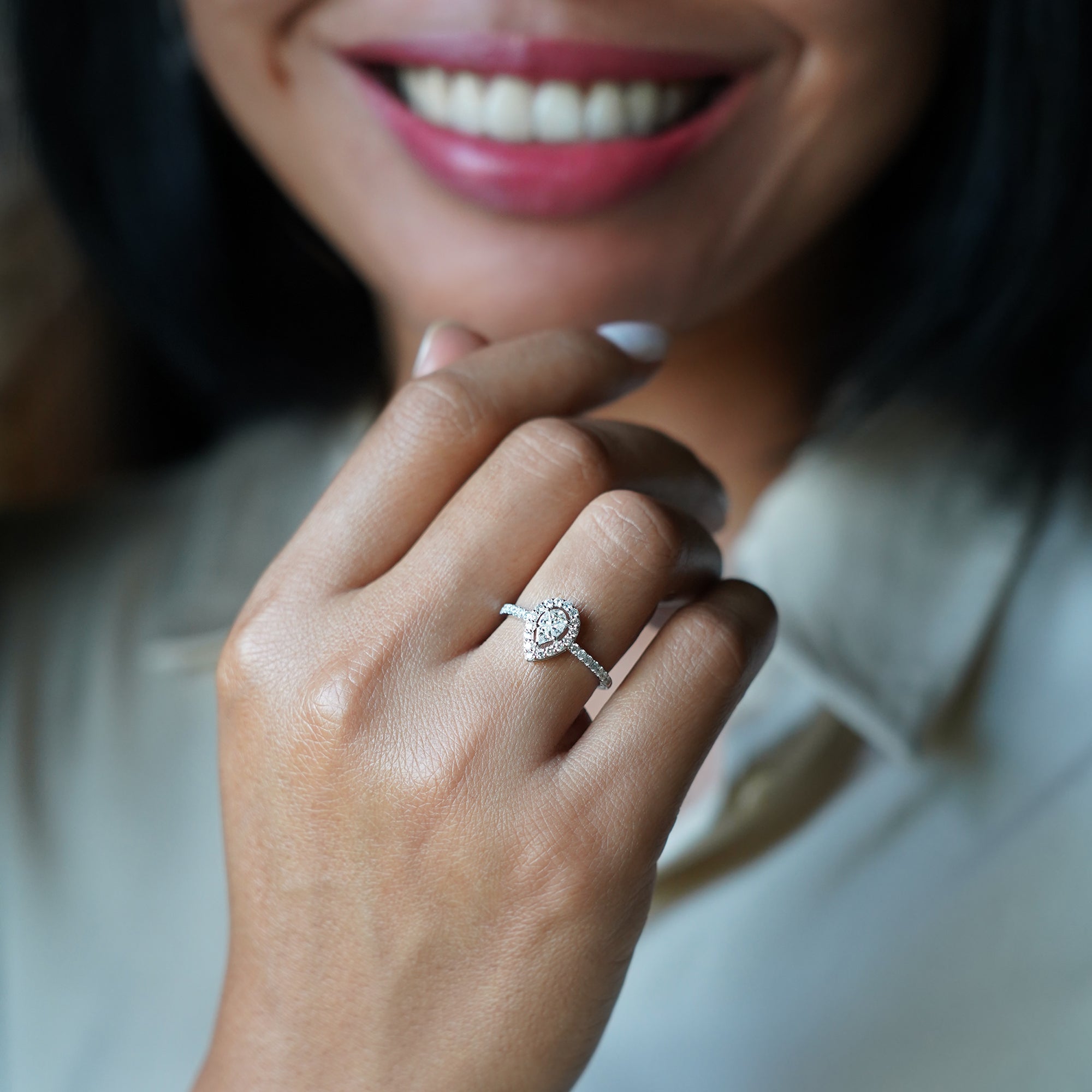 Pear Shaped Diamond With Halo Ring 28 - Solid 18K White Gold | BITS OF BALI JEWELRY
