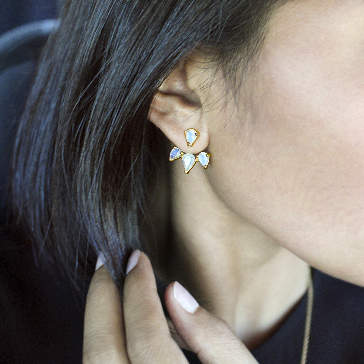 Ibu Baskara Ear Jackets - Rainbow Moonstone | BITS OF BALI JEWELRY