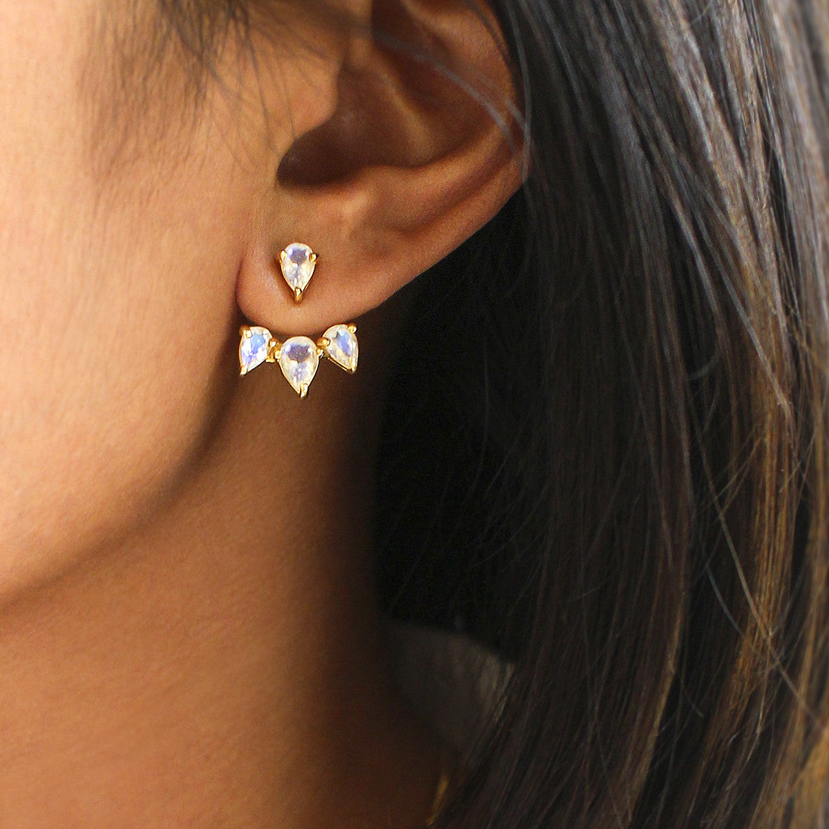 Ibu Baskara Ear Jackets - Rainbow Moonstone | BITS OF BALI JEWELRY