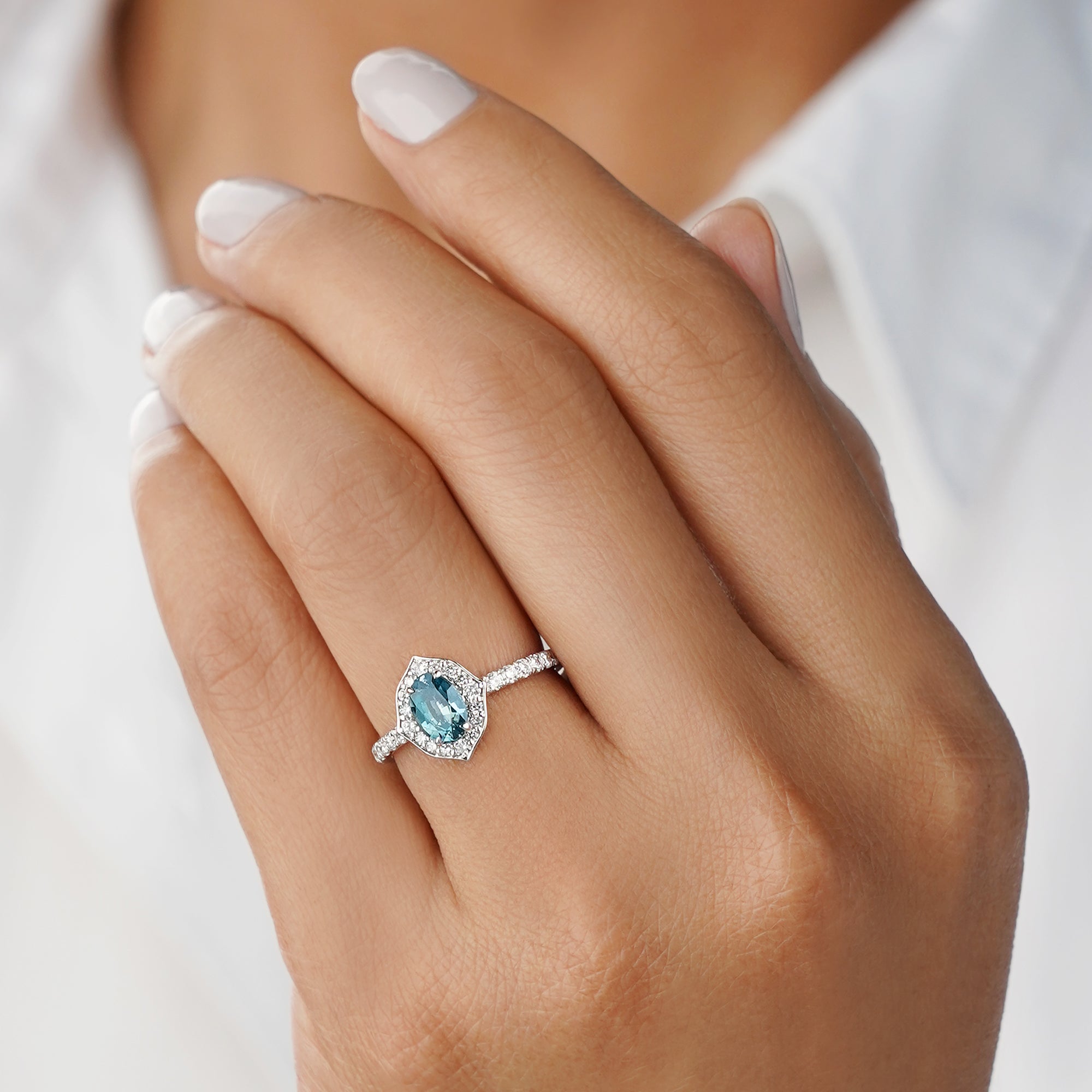 0.9 Carat Oval Teal Sapphire with Halo and 2/3 Pave Shank Lab-Grown Diamond Ring - Solid 14K White Gold | BITS OF BALI JEWELRY