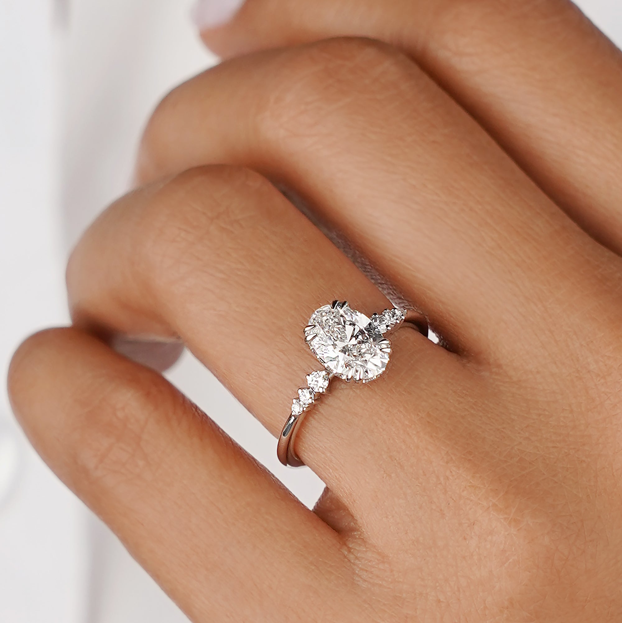 1.96 Carat Oval With Double Prong & Graduated Round Diamond Ring  - Solid 14K White Gold