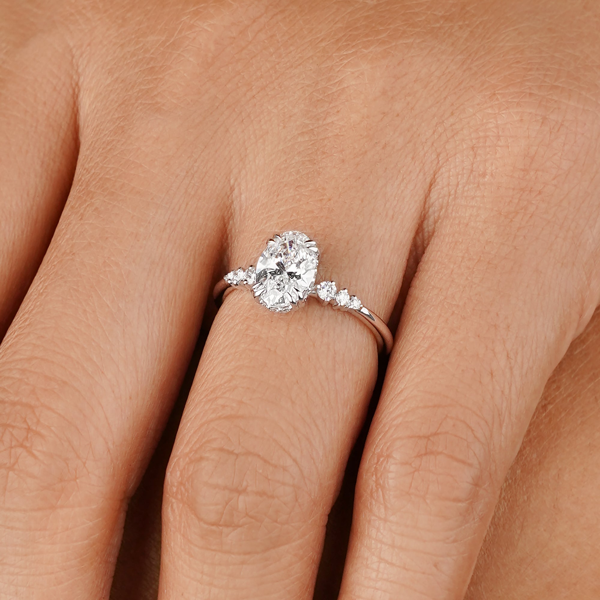 1.96 Carat Oval With Double Prong & Graduated Round Diamond Ring  - Solid 14K White Gold
