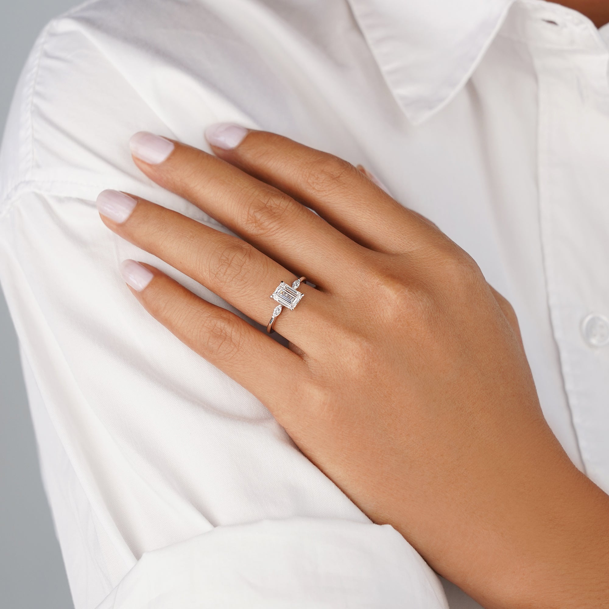 1.81 Carat Emerald-cut With Side Marquise Diamond Ring - Solid 14K White Gold