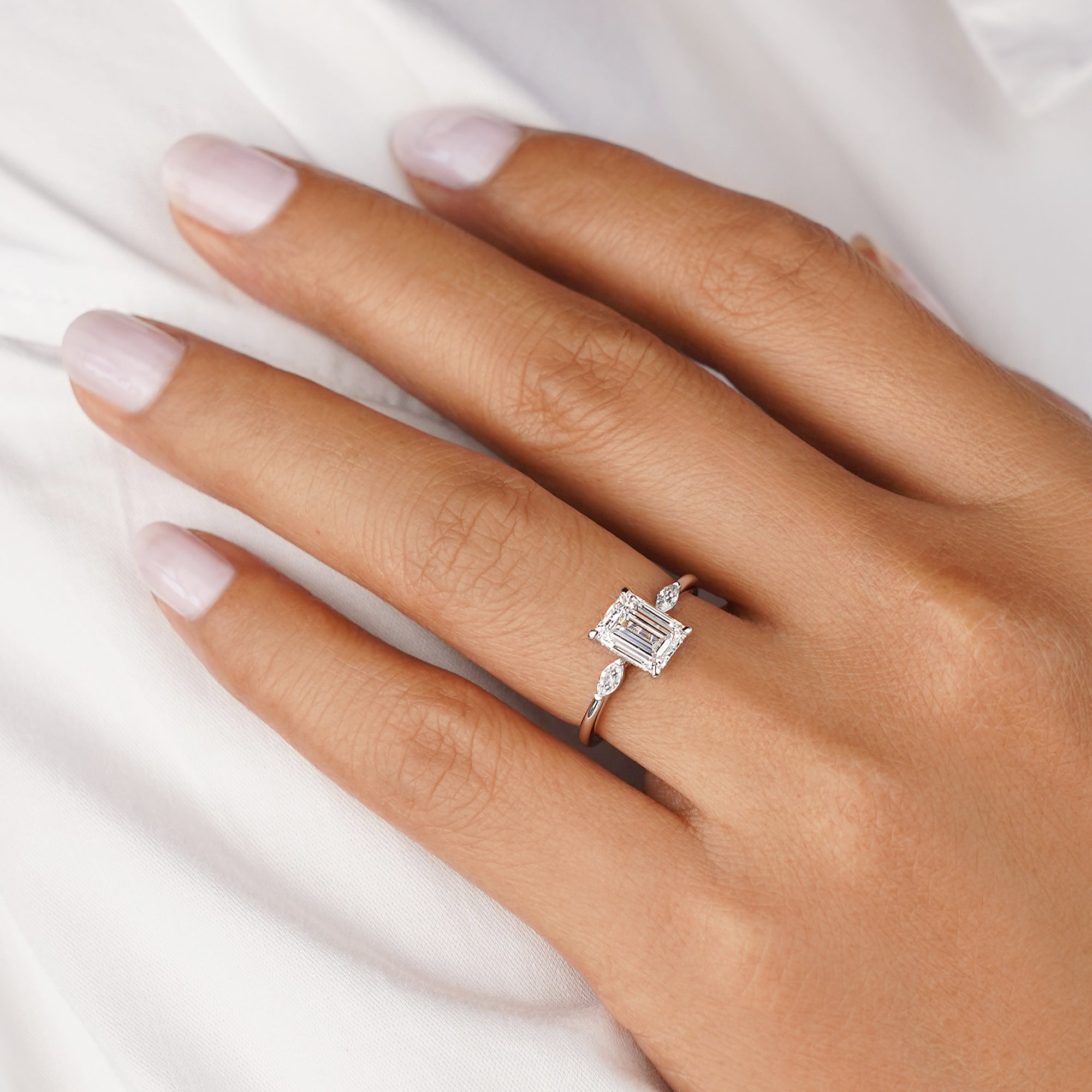 1.81 Carat Emerald-cut With Side Marquise Diamond Ring - Solid 14K White Gold