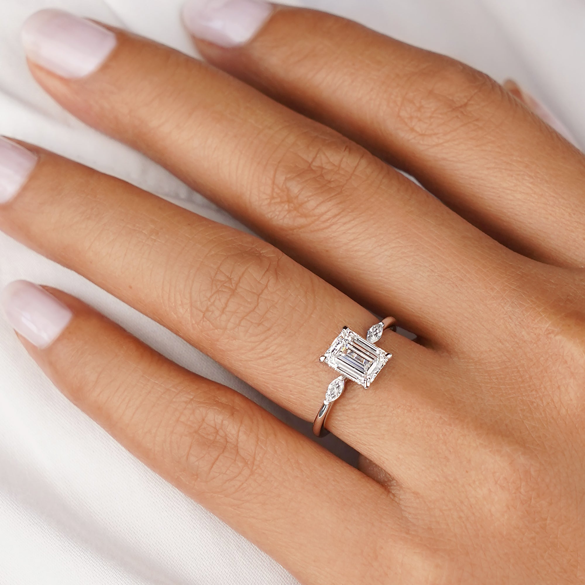1.81 Carat Emerald-cut With Side Marquise Diamond Ring - Solid 14K White Gold
