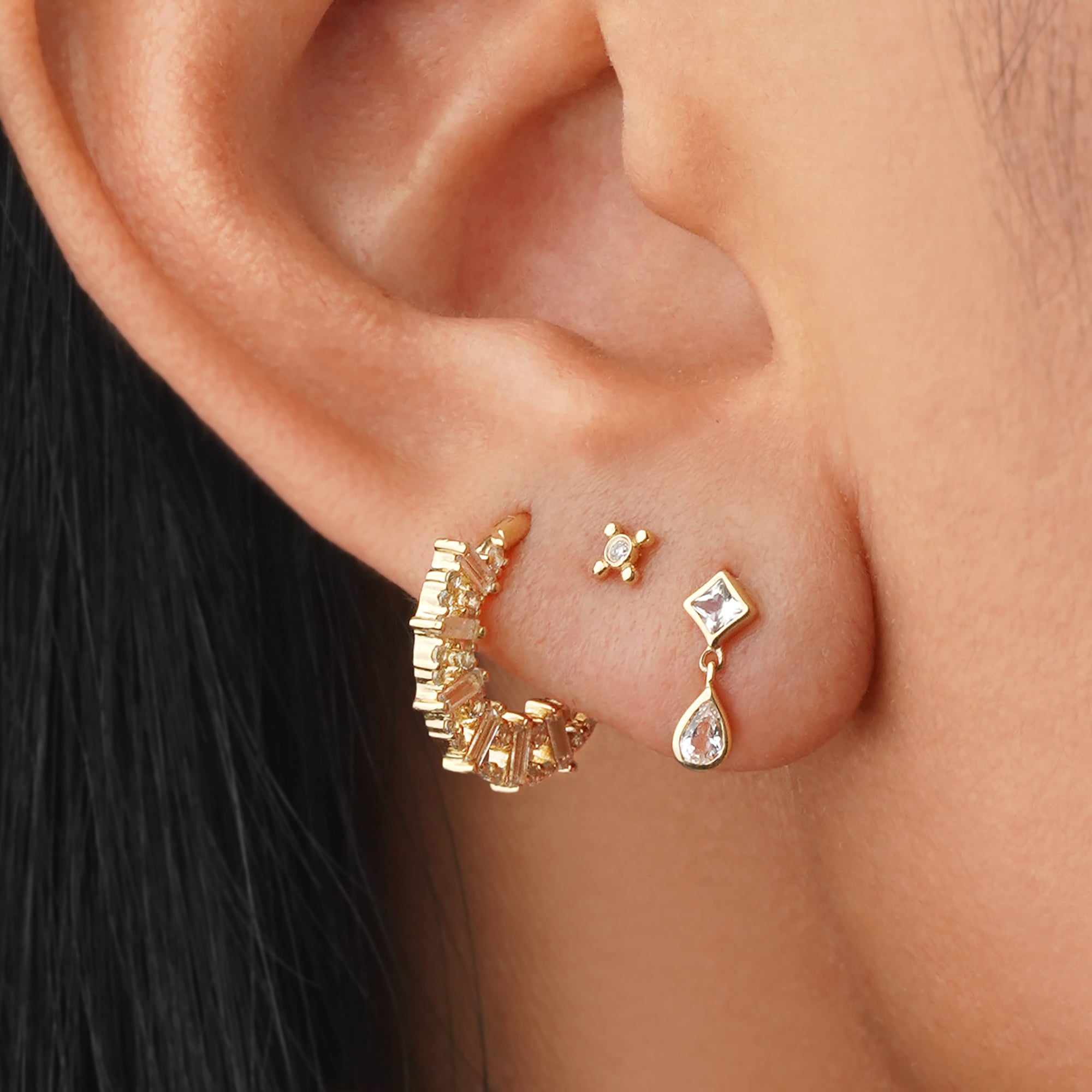 White Sapphire Square and Tear Drop Dangling Flat Back Stud Earring - Solid 14K Yellow Gold