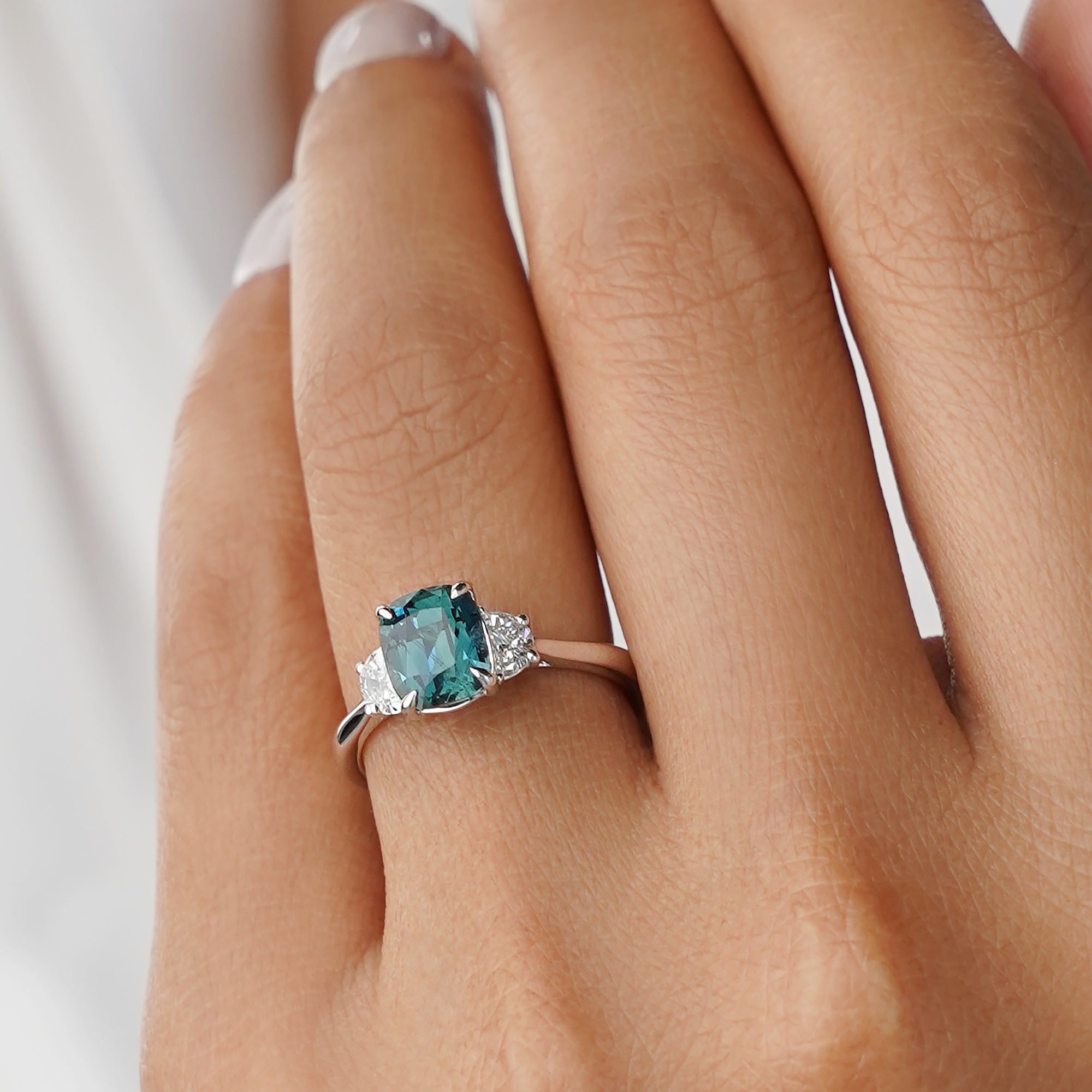 2.55 Ct Elongated Cushion Teal Sapphire with 0.31 Ct Halfmoon Natural Diamond Ring - Solid 14K White Gold