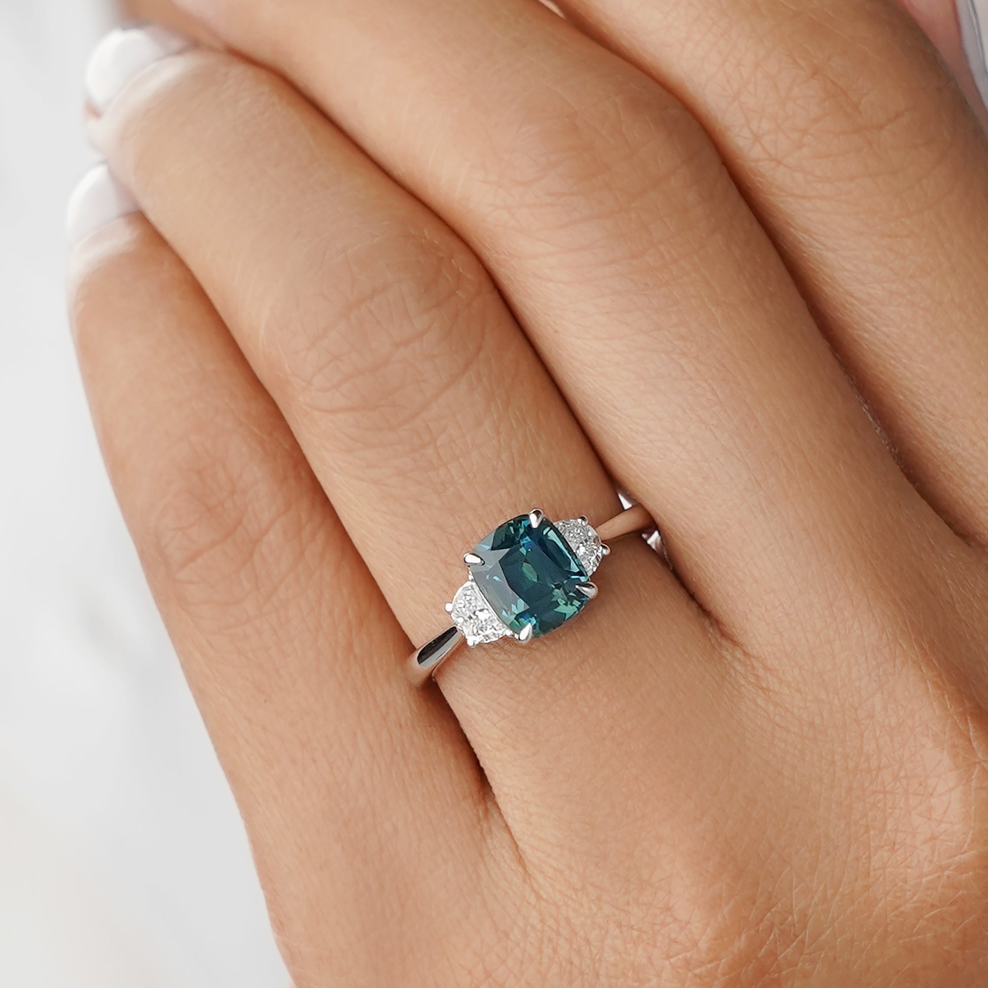 2.55 Ct Elongated Cushion Teal Sapphire with 0.31 Ct Halfmoon Natural Diamond Ring - Solid 14K White Gold