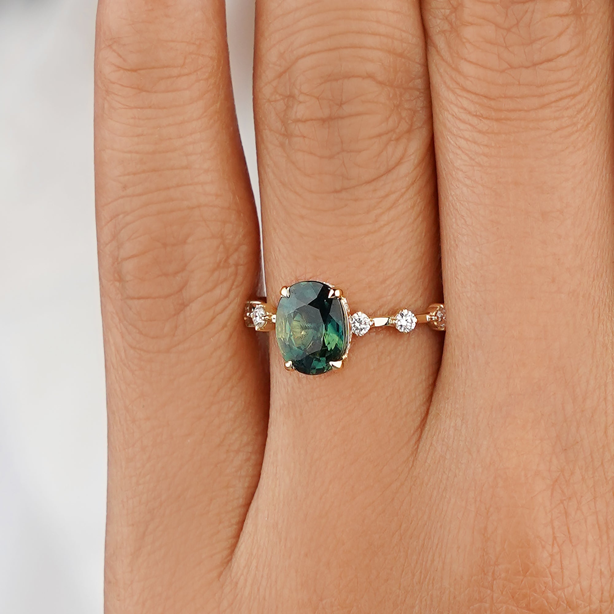 2.56 Carat Oval Parti Sapphire with Distance Lab-grown Diamond Ring - Solid 14K Yellow Gold